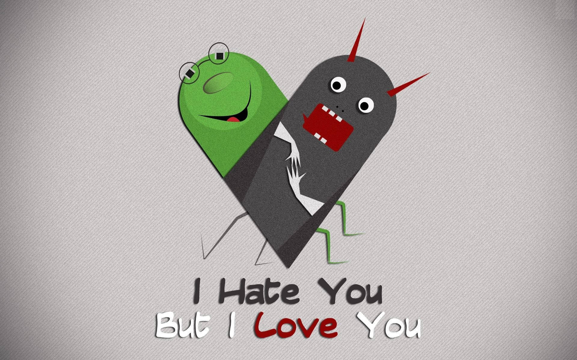 Hate Love 昆蟲 壁紙 — 一條綠色微笑的蟲和一隻有角的灰色憤怒蟲在帶有紋理的灰色背景上形成心形，並附有文字。
