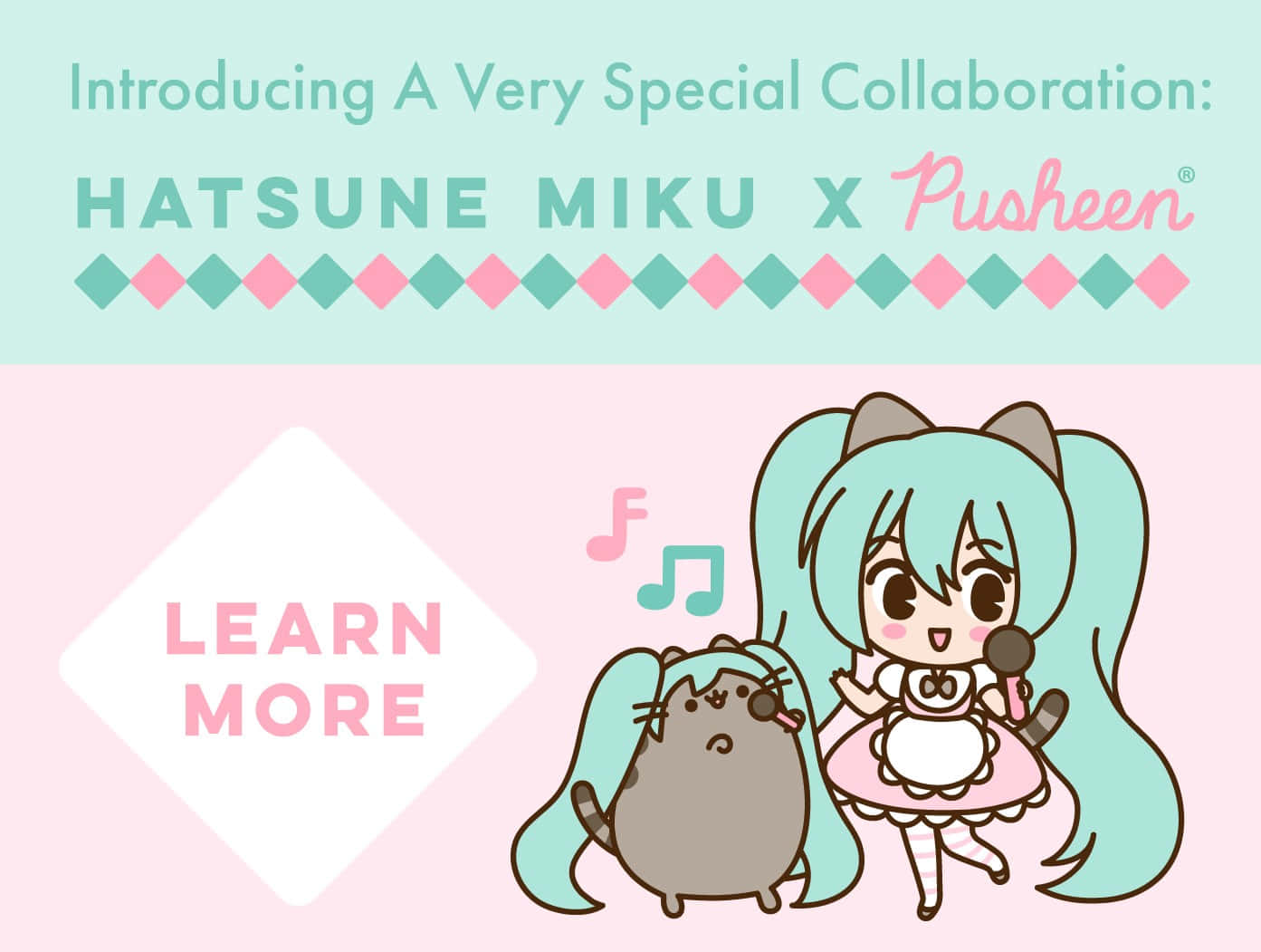 初音未來與 Pusheen 貓咪在粉彩插圖中一起唱歌。