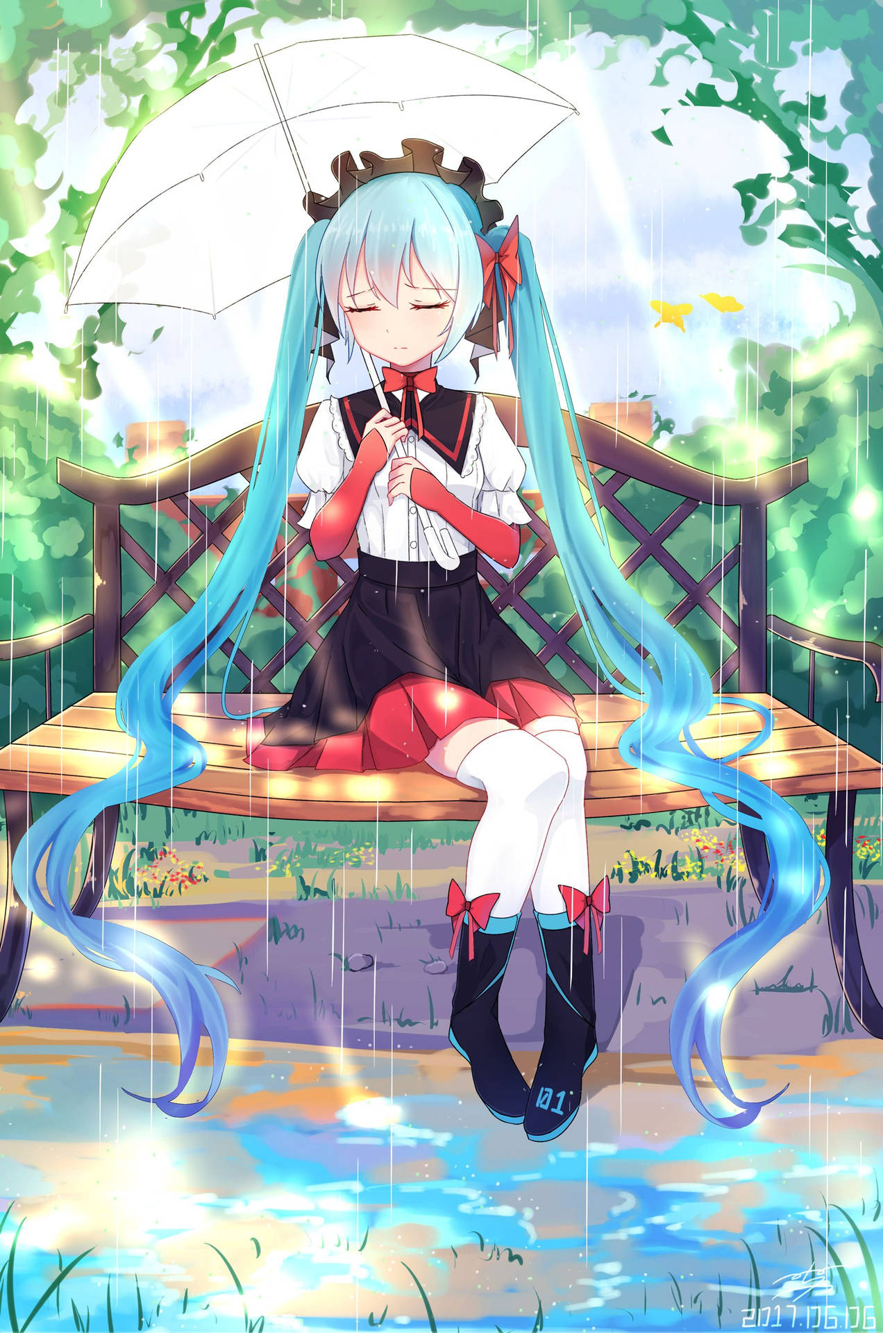 藍髮動漫女孩坐在長椅上，在雨中花園裡撐傘。