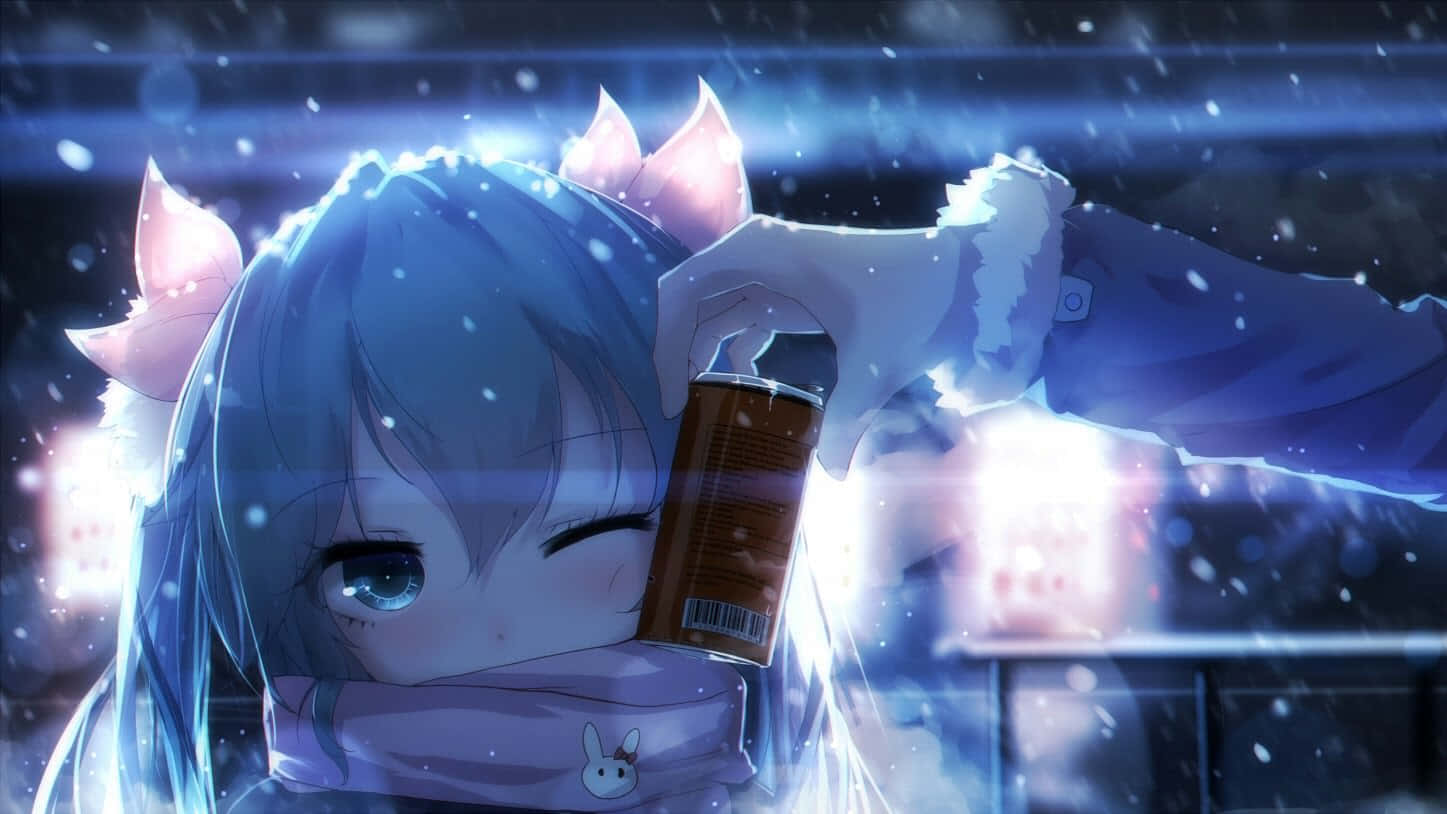 貓耳動漫女孩在雪夜城市中拿著罐子。