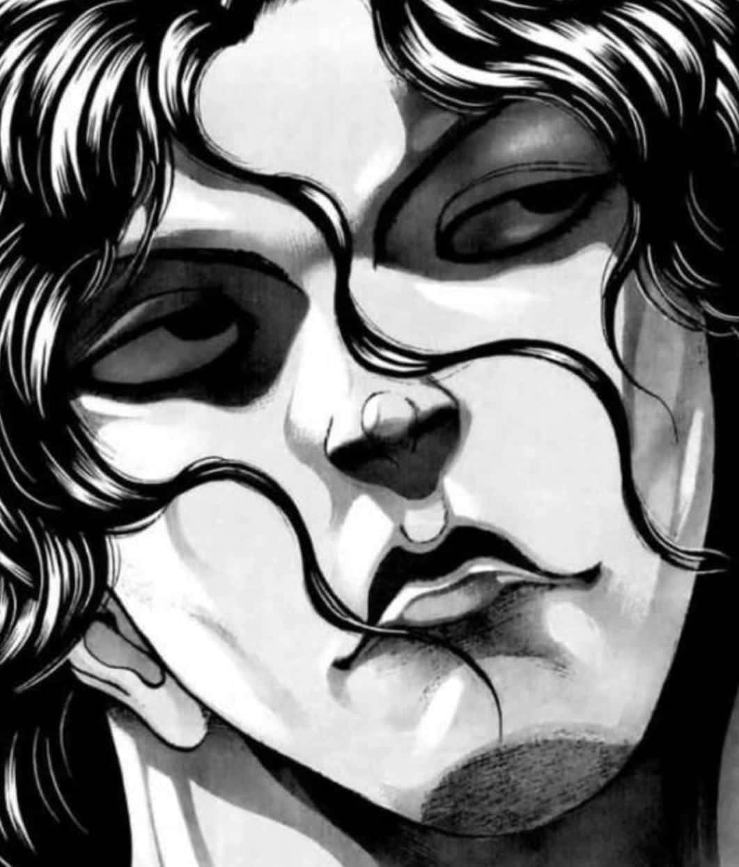  壁紙 — 一張令人難忘的黑白動畫肖像，描繪一個擁有飄逸頭髮和扭曲面部特徵的人。