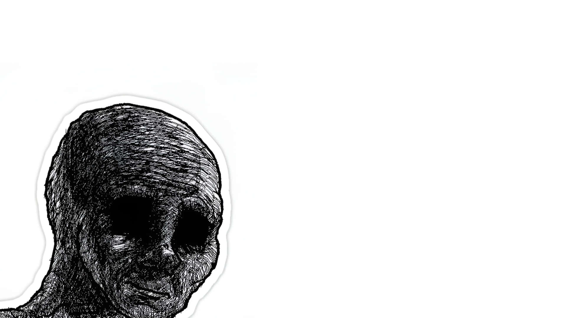  壁紙 — 一個令人難忘的黑白線條藝術草圖，描繪了一個有著空洞大眼和微妙微笑的人形外星人頭部，背景是純白色。