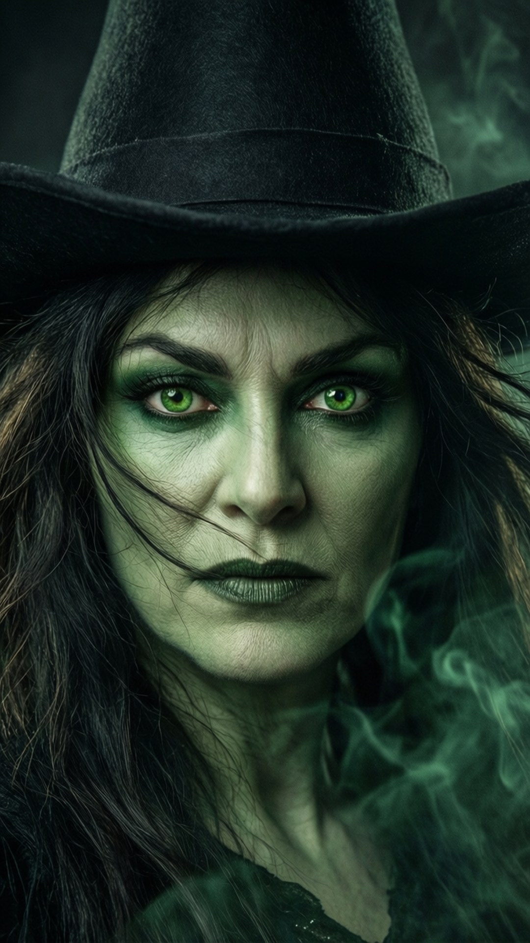 Elphaba Thropp 桌布 壁紙 — 一個令人難忘的女巫肖像，擁有發光的綠色眼睛和深色帽子，周圍環繞著詭異的綠色煙霧。