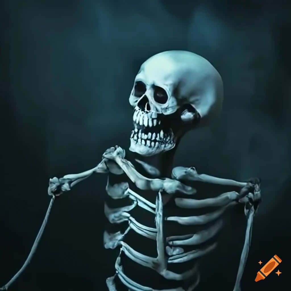 壁紙 — 一個細節令人毛骨悚然的人體骨架，站在黑暗迷霧背景前，伴隨著詭異的藍色燈光。