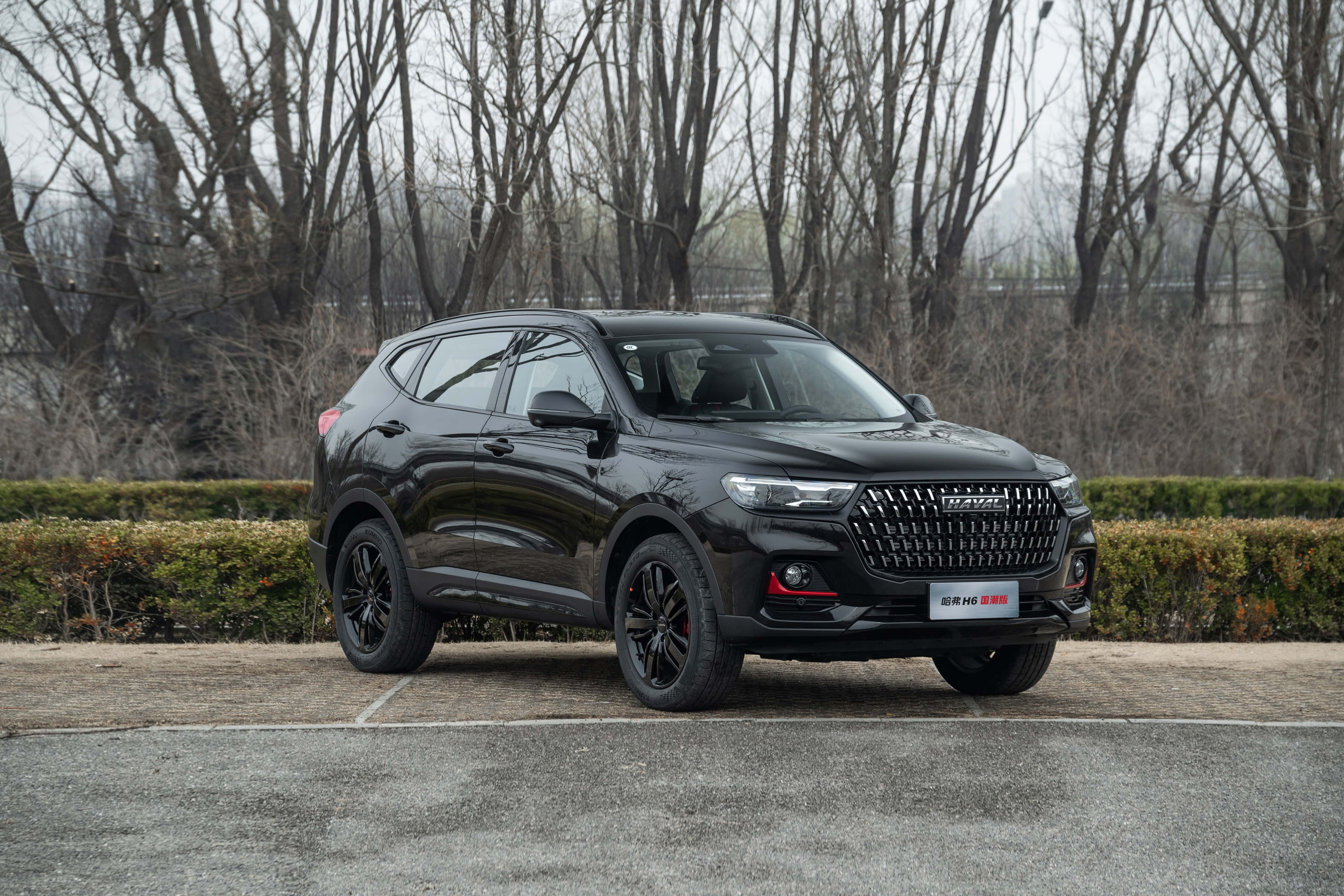 Haval 時尚 SUV 沿路巡航 壁紙 — 一輛時尚的黑色SUV停泊在人行道上，背景是光禿禿的樹木和修剪整齊的樹籬，天空多雲。