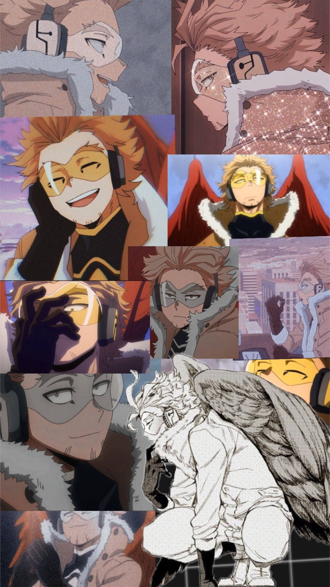 Hawks《我的英雄學院》拼貼肖像 壁紙 — 一幅充滿活力的動漫拼貼畫，描繪多個角色戴著耳機和毛絨襯裡夾克，擺出動態姿勢。