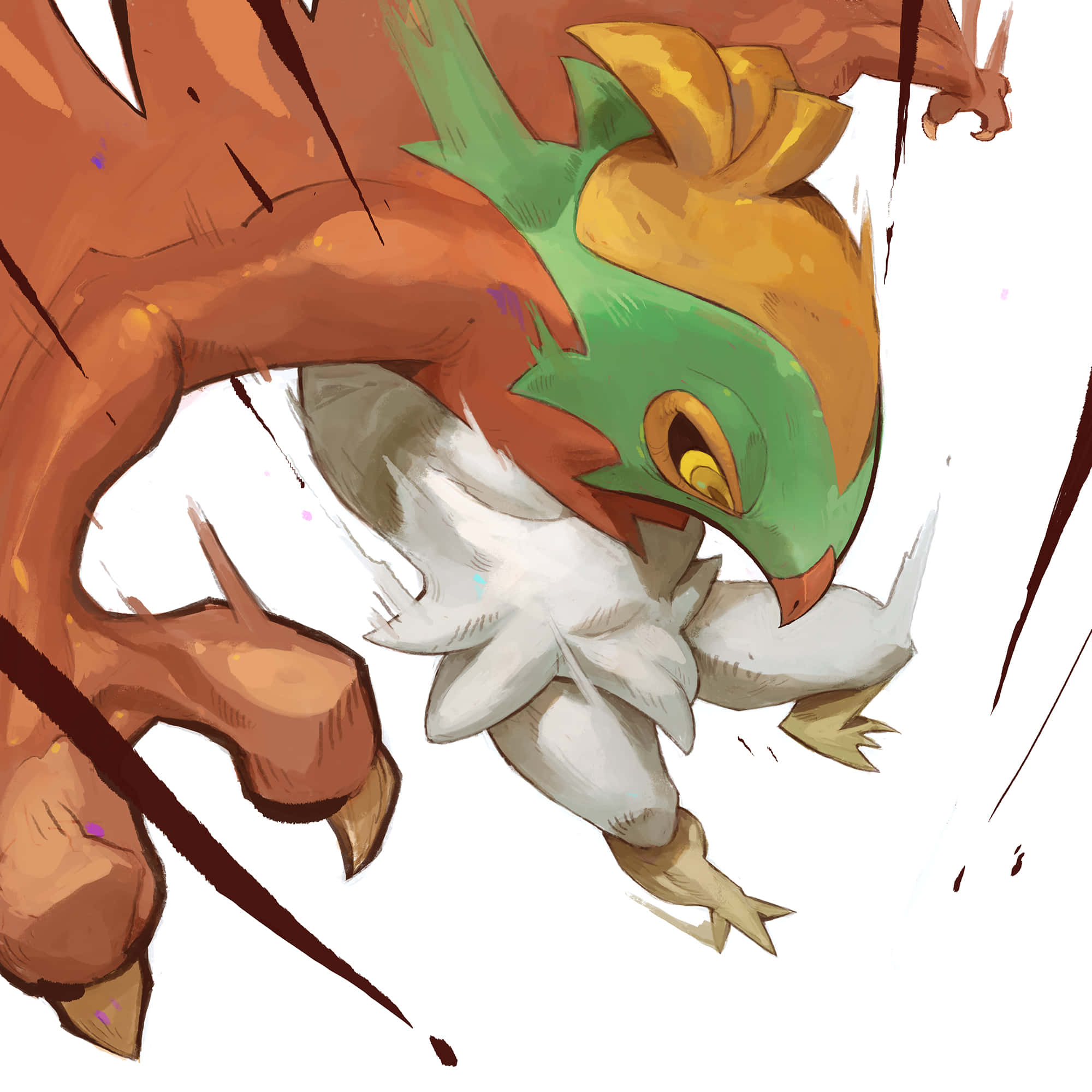 Hawlucha 下墜攻擊 壁紙 — 一幅動態動漫風格插圖，描繪一隻綠色和橙色、有白色羽毛的鳥類生物，正被一隻巨大的棕色爪手攻擊。