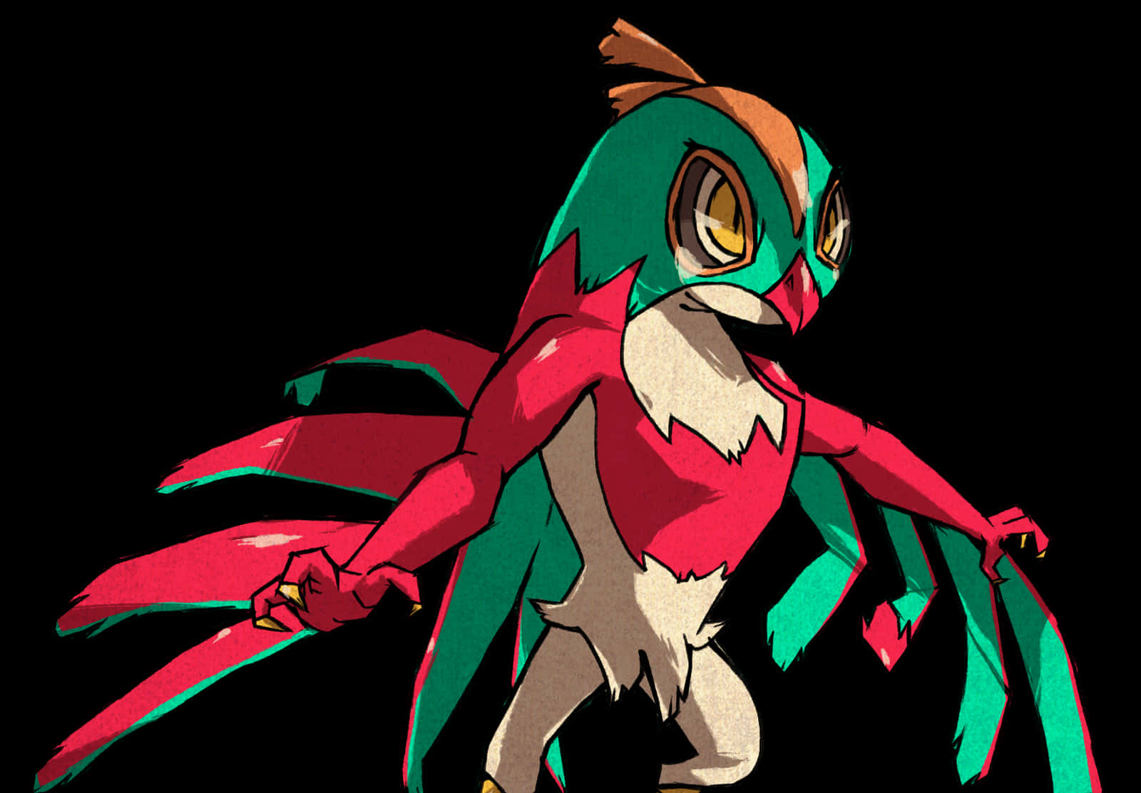 Hawlucha 搞笑怪異藝術風格 壁紙 — 一隻風格化的動漫貓頭鷹生物，擁有紅色、綠色和米色的羽毛，在純黑色背景上擺出姿勢。