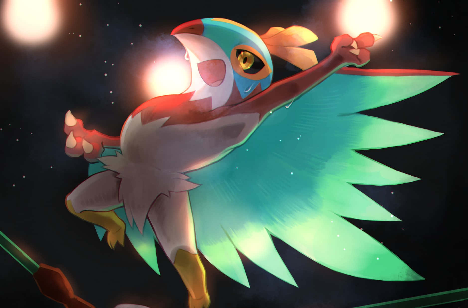 Hawlucha 在黑暗競技場中對戰 壁紙 — 一隻充滿活力的動漫風格鳥類寶可夢，閃耀著翅膀，帶著堅定的表情，翱翔在繁星點點的夜空。