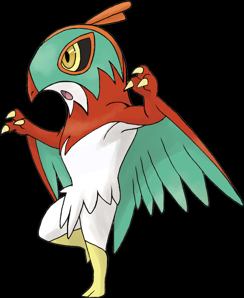 Hawlucha 右膝高舉 壁紙 — 一隻風格化的卡通鳥，擁有藍綠色翅膀和紅色身體，站在黑色背景前。
