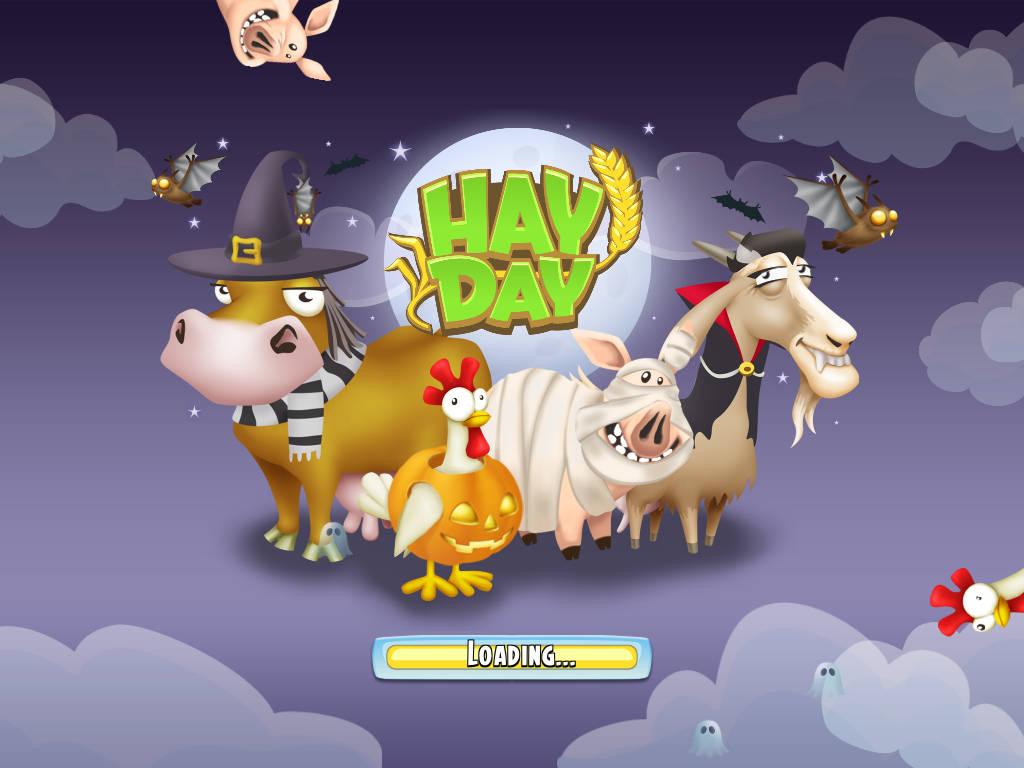 《Hay Day》萬聖節封面藝術 壁紙 — 卡通農場動物穿著萬聖節服裝，在滿月下聚集，蝙蝠和鬼魂在夜空中飄浮。