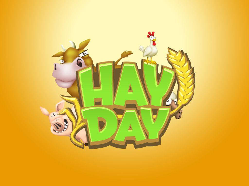 金色背景上「Hay Day」字樣周圍的彩色卡通農場動物。