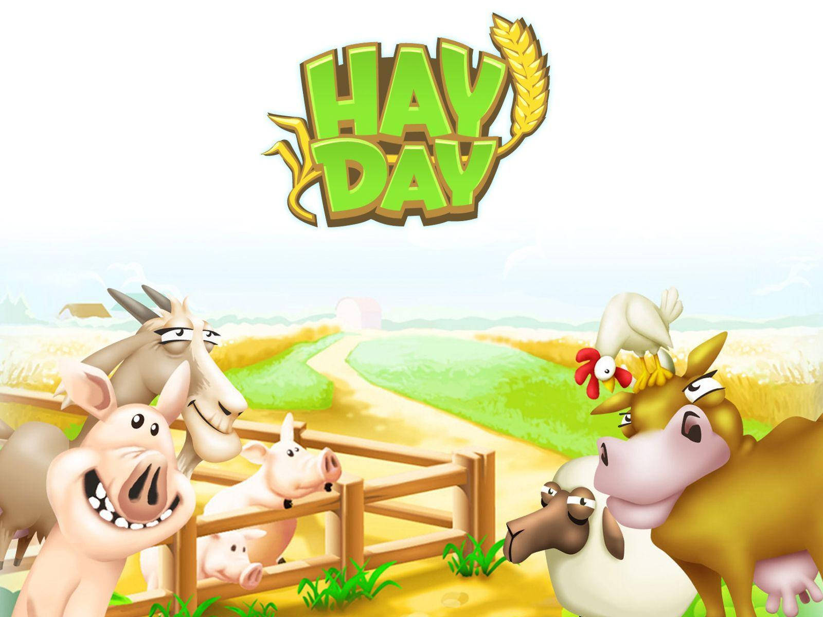 快樂的卡通農場動物在木柵欄後面，帶有「HAY DAY」標誌。