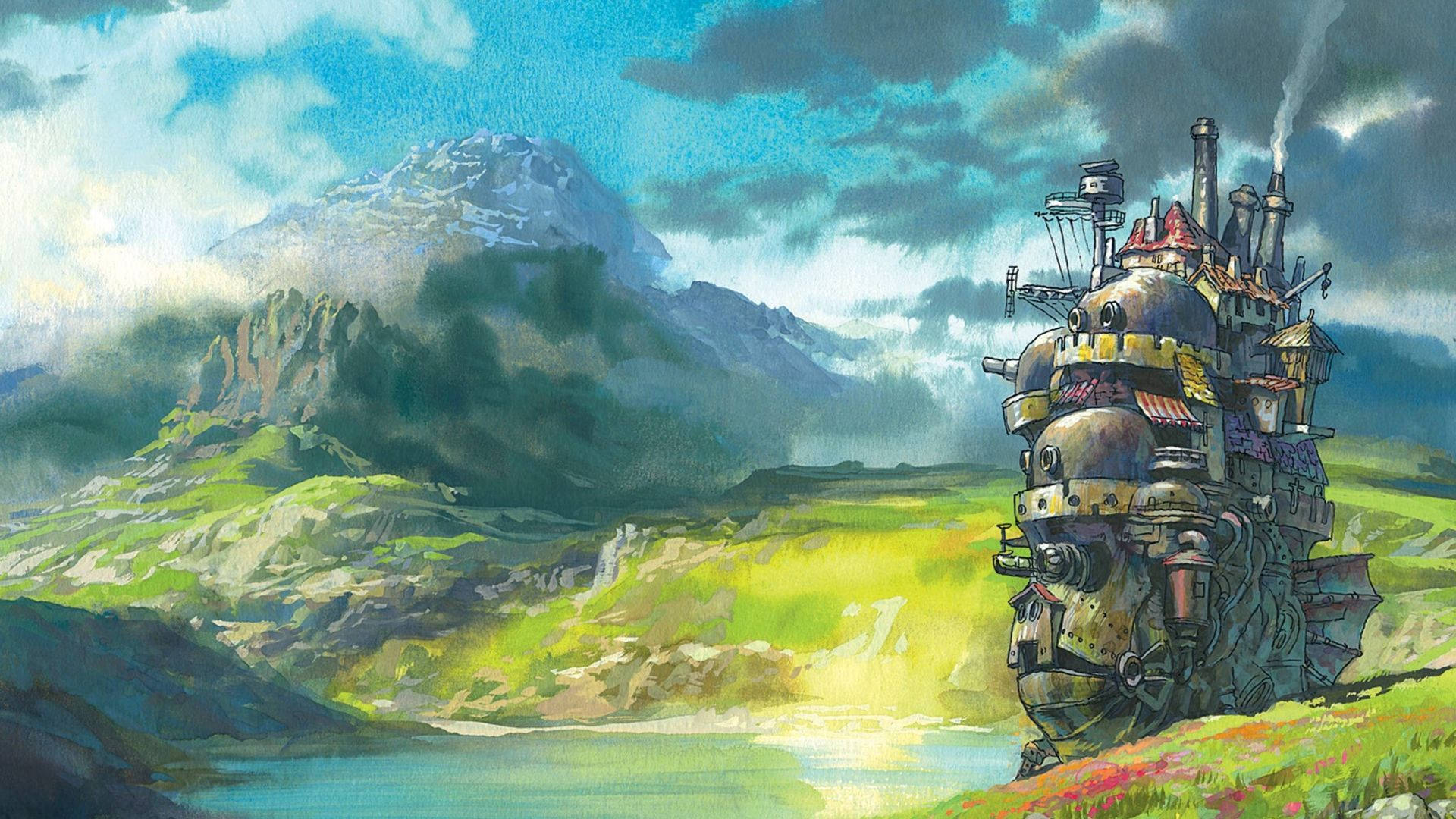 蒸氣龐克飛船在湖邊草地上，有山