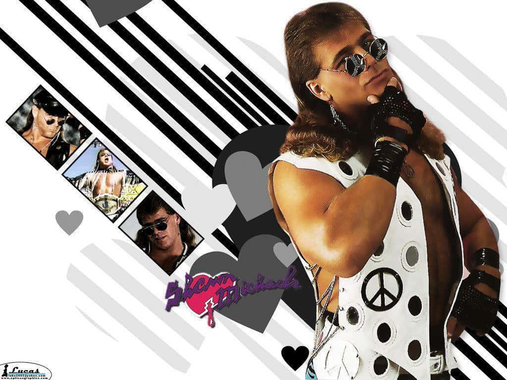 HBK 肖恩·邁克爾斯·希肯伯特 壁紙 — 一位肌肉發達、長髮、戴太陽眼鏡的摔角手，穿著帶有和平符號的白色背心，在醒目的黑白條紋背景前自信地擺姿勢。