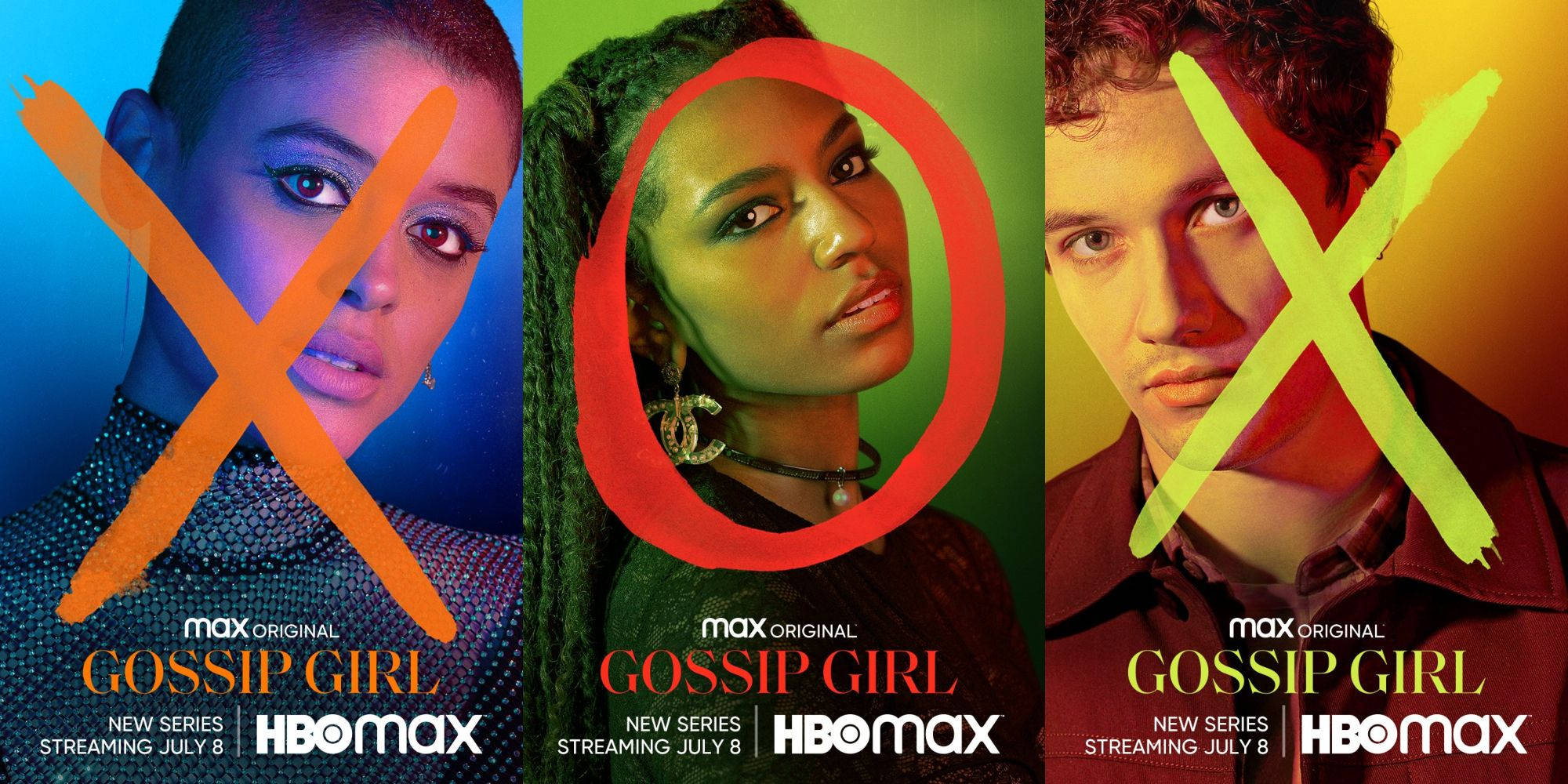 HBO Max《花邊教主》 壁紙 — 三個風格化的名人肖像，帶有鮮豔的彩色 X 和圓圈，襯托在充滿活力的單色背景上，宣傳電視劇集。