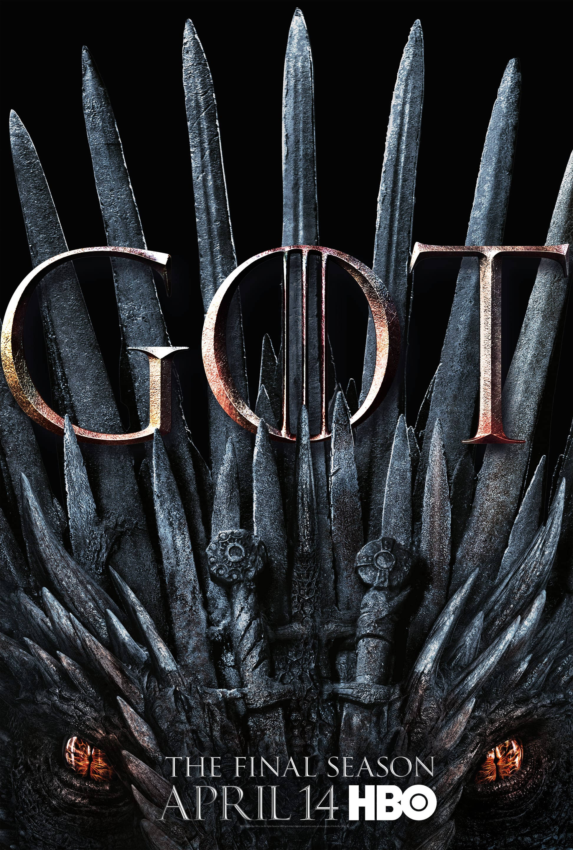 HBO《冰與火之歌》龍 壁紙 — 《權力遊戲》中的鐵王座，帶有發光的橙色眼睛，黑色背景上以金屬金色呈現「GOT」字樣。