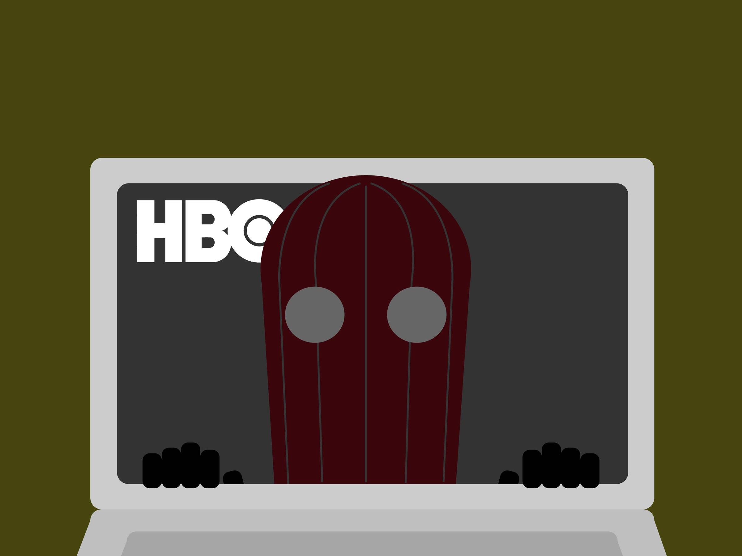 HBO 筆記本電腦卡通 壁紙 — 一部顯示HBO標誌的筆記型電腦的極簡數位插圖，一個紅色籠中人物從螢幕中出現。