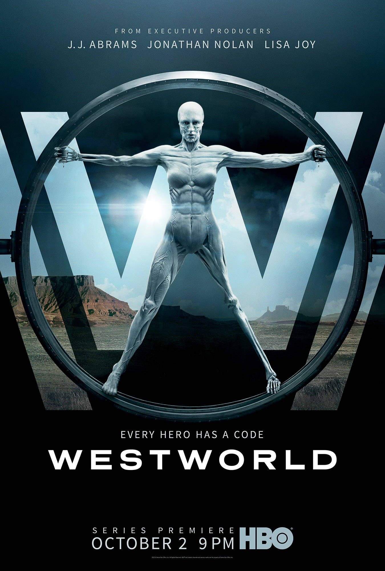 HBO 系列《西部世界》 壁紙 — 一個以維特魯威姿勢站立的人形機械人，位於圓形框架內，背景是沙漠和明亮的天空。