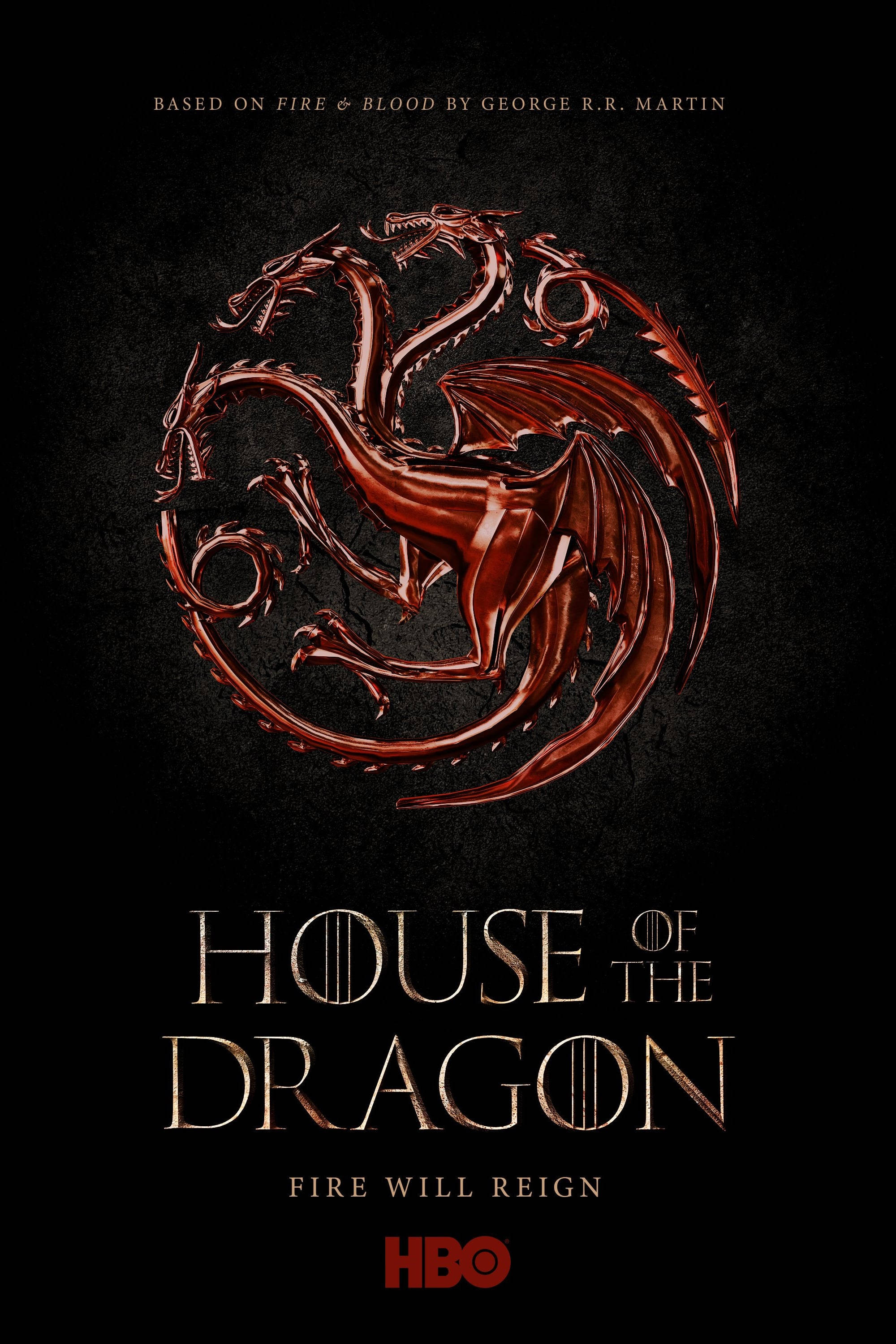 HBO《龍之家族》 壁紙 — 一個金屬紅色的三頭龍徽章在深色紋理背景上發光，並帶有HBO節目標題文字。