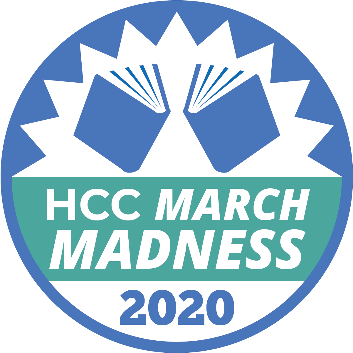 HCC 2020三月瘋狂賽事標誌 壁紙 — 圓形標誌，藍色背景上有白色星爆，兩個藍色打開的書本，綠色橫幅寫著HCC MARCH MADNESS 2020。