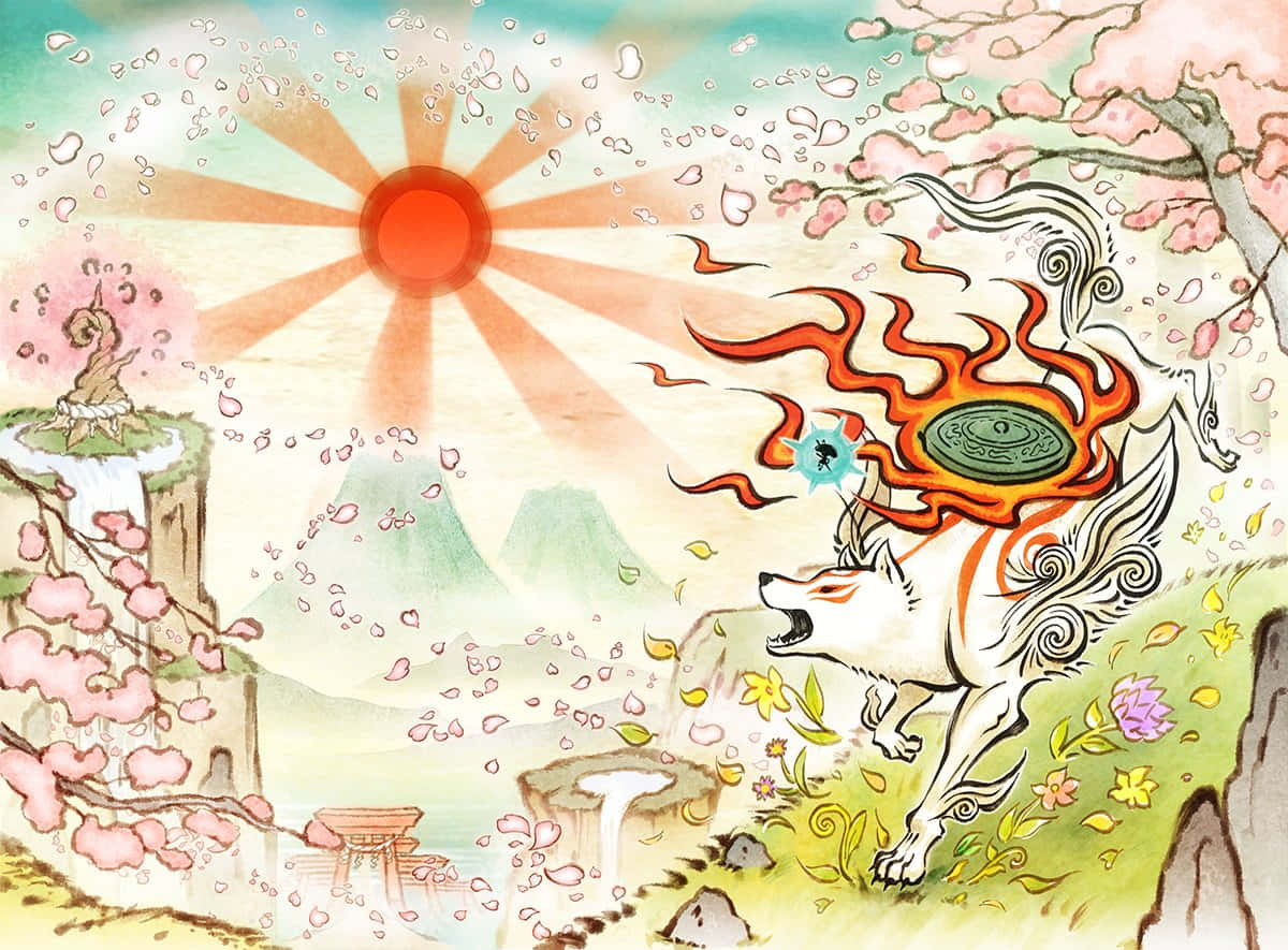 體驗卡普空經典巨作《鬼武者HD》的魔幻世界 壁紙 — 一隻神話中的狐狸，擁有火焰般的鬃毛，在燦爛的陽光下跳過櫻花花瓣，呈現出充滿活力的日本幻想場景。