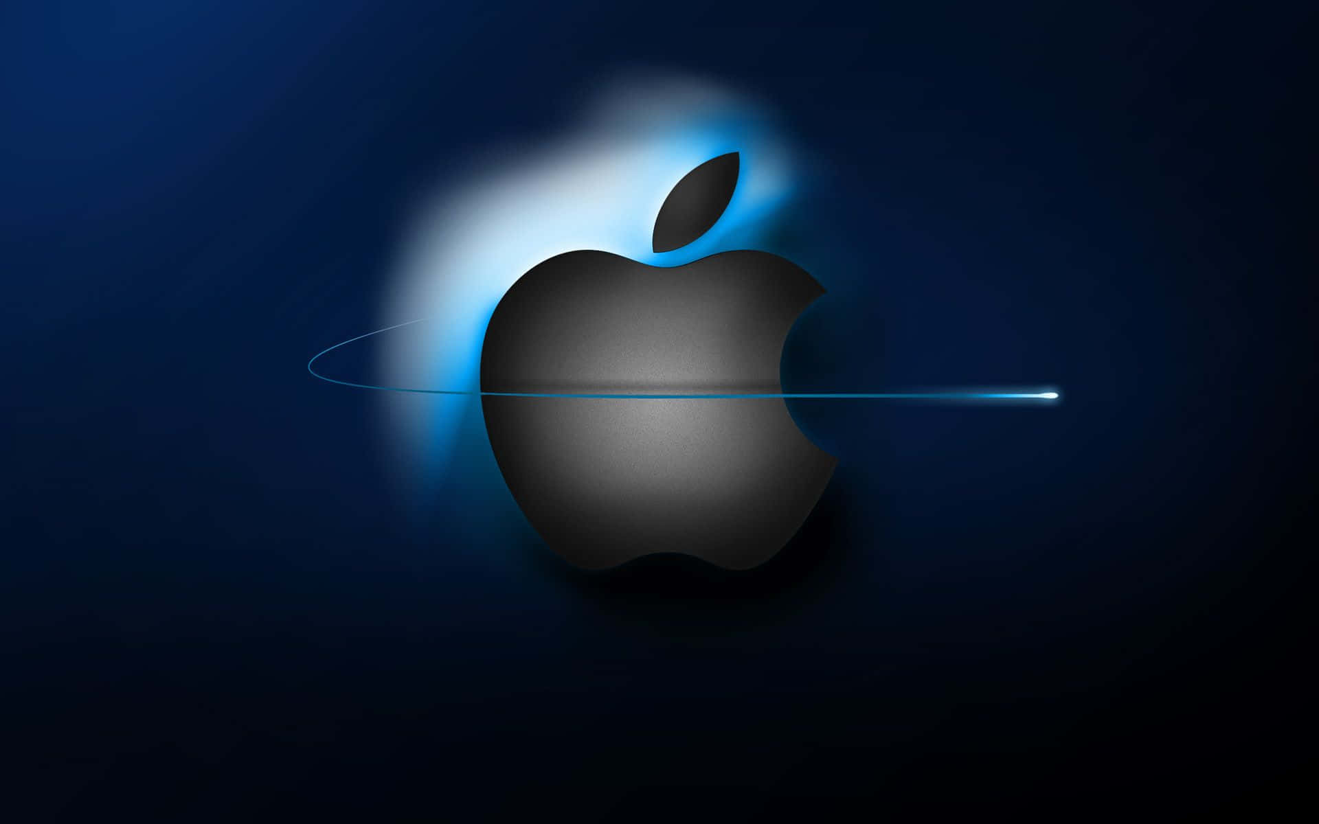 深藍色 HD Apple 背景 壁紙 — 一個時尚的黑色Apple標誌在深藍色背景上散發出充滿活力的藍色光暈。