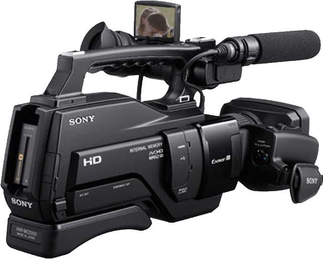 專業索尼HD攝影機 壁紙 — 專業黑色Sony HD攝錄機，配備外置咪高峰及可翻起LCD屏幕，顯示一個人。