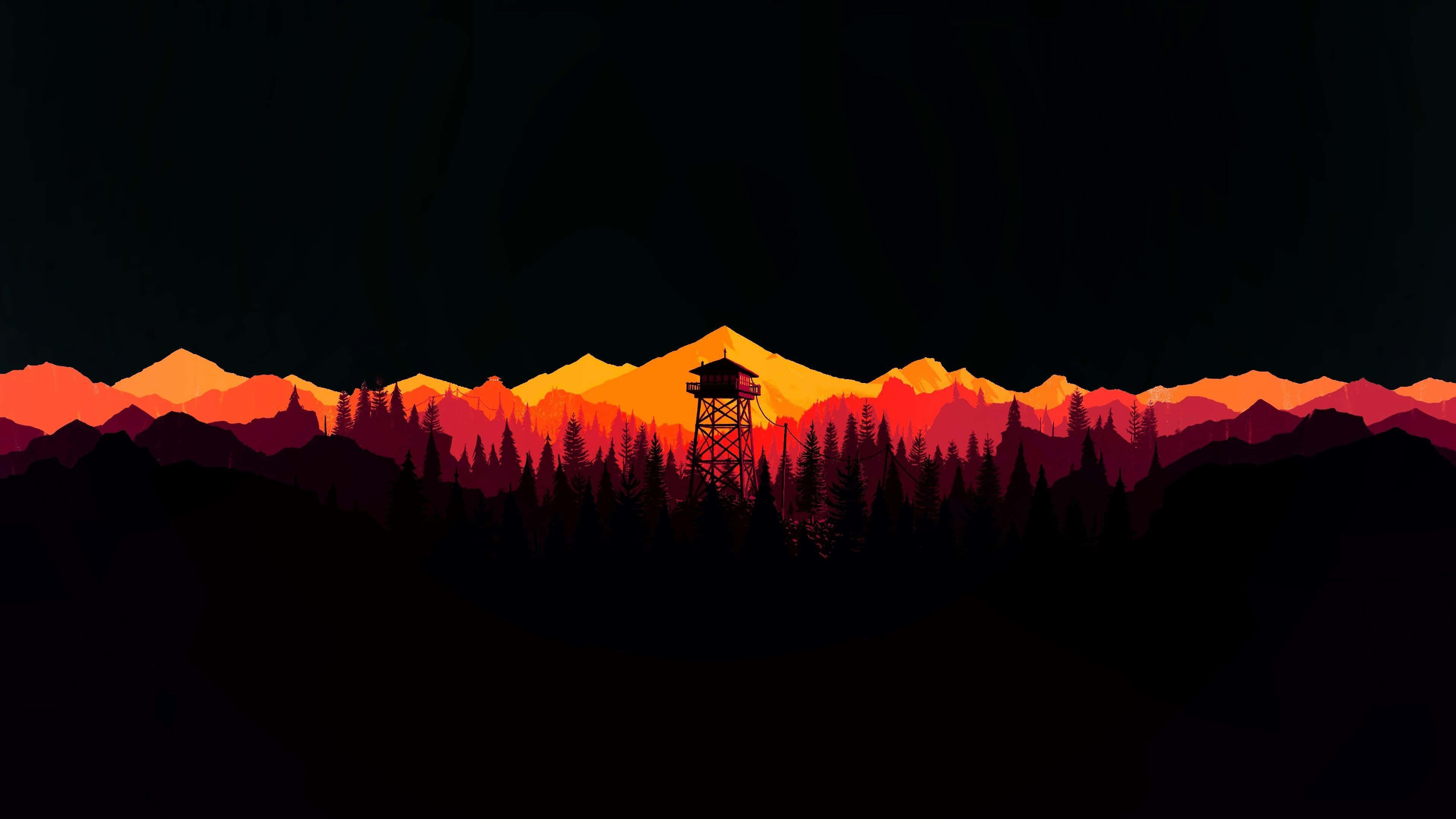 HD OLED 橙色山脈背景 壁紙 — 一座瞭望塔在黃昏時分，以火紅橙色的山脈為背景，呈現出剪影。