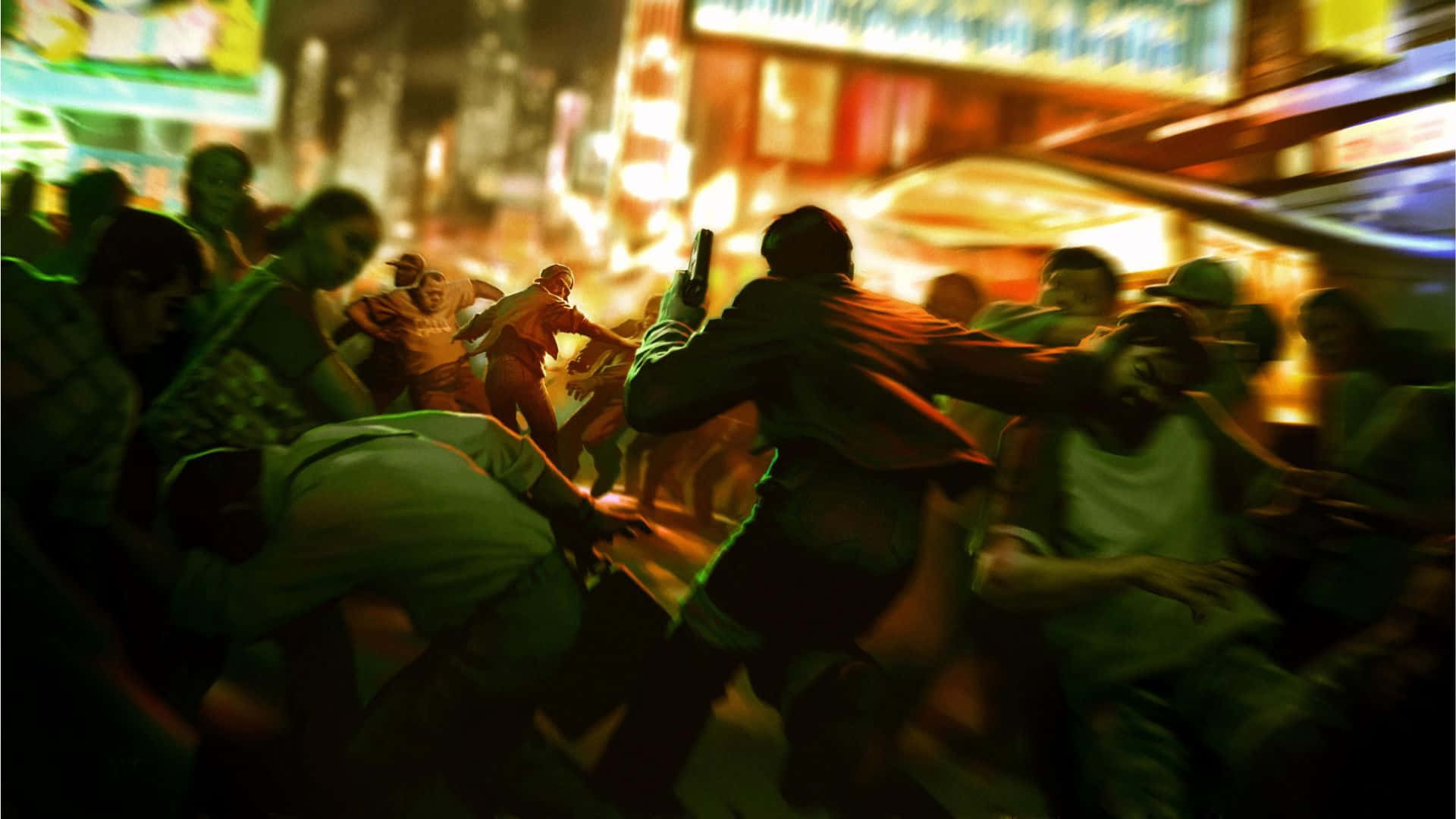 HD《Sleeping Dogs》暴動遊戲場景背景 壁紙 — 一個孤獨的身影在霓虹燈閃爍的都市後巷中，與一群喪屍在忽明忽暗的街燈下搏鬥。