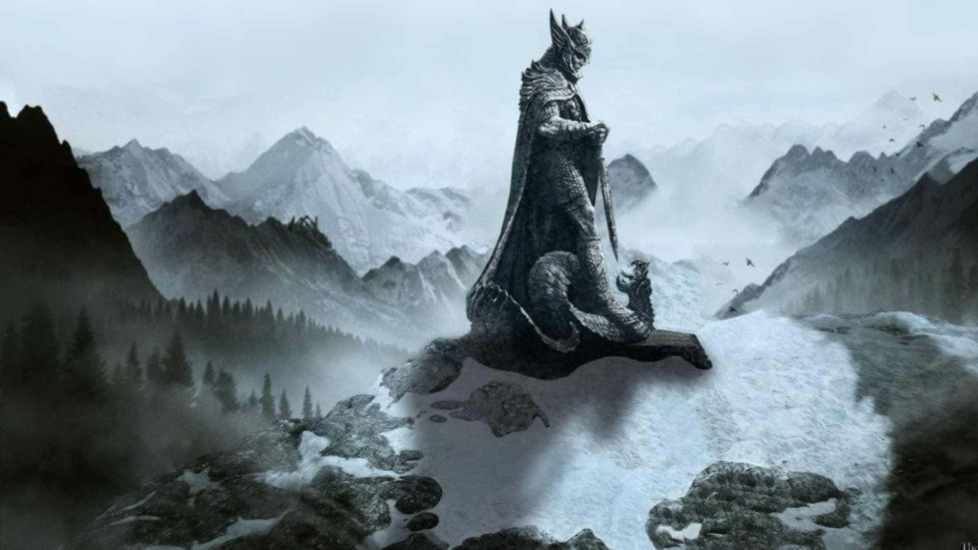 一位身穿盔甲的龍戰士坐在霧林上方白雪覆蓋的山頂上。