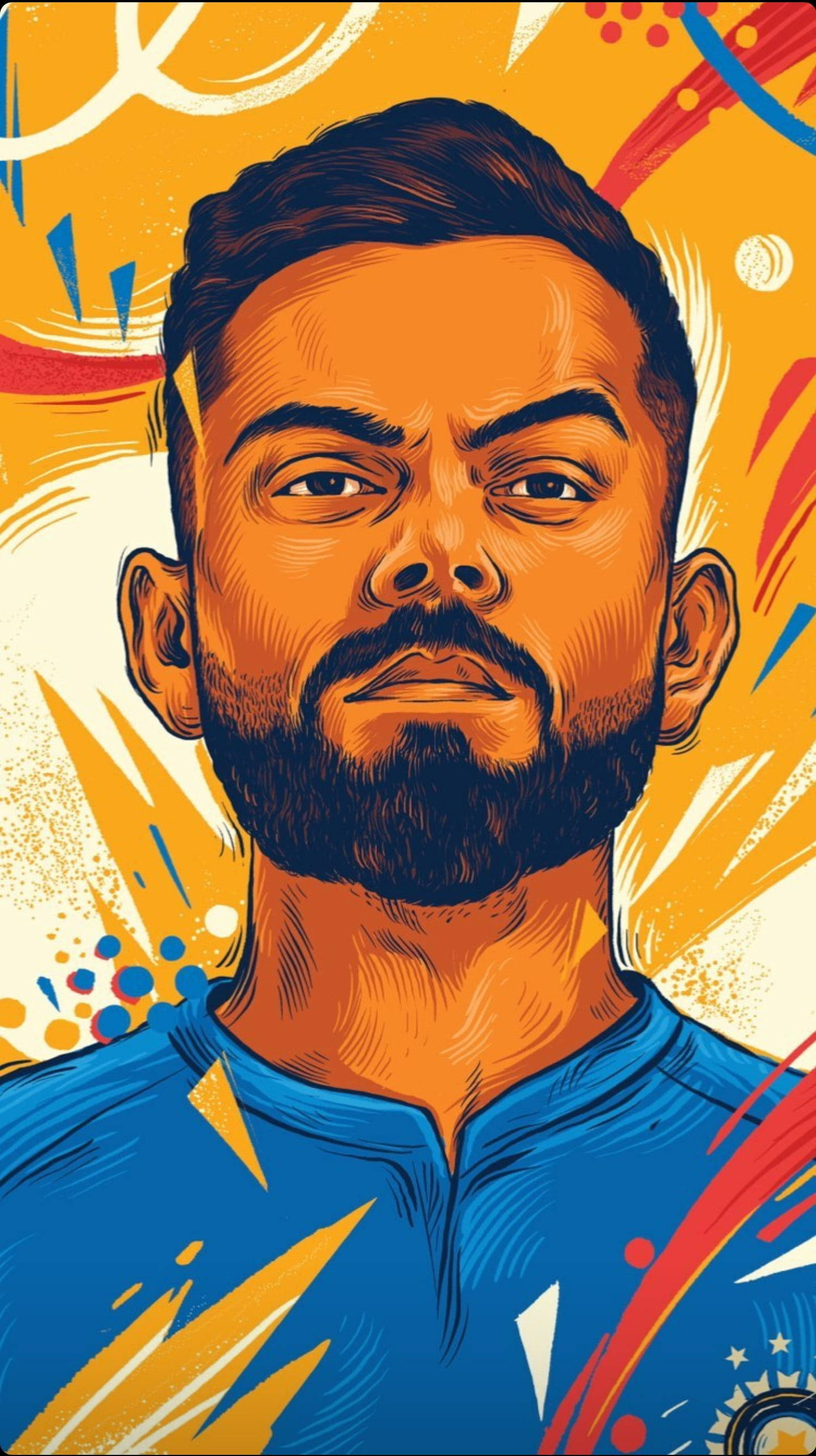 維拉特·科利 HD 橙藍主題藝術 壁紙 — 板球運動員維拉特·科利（Virat Kohli）充滿活力的風格化肖像，帶有醒目的橙黃色背景和動態抽象元素。