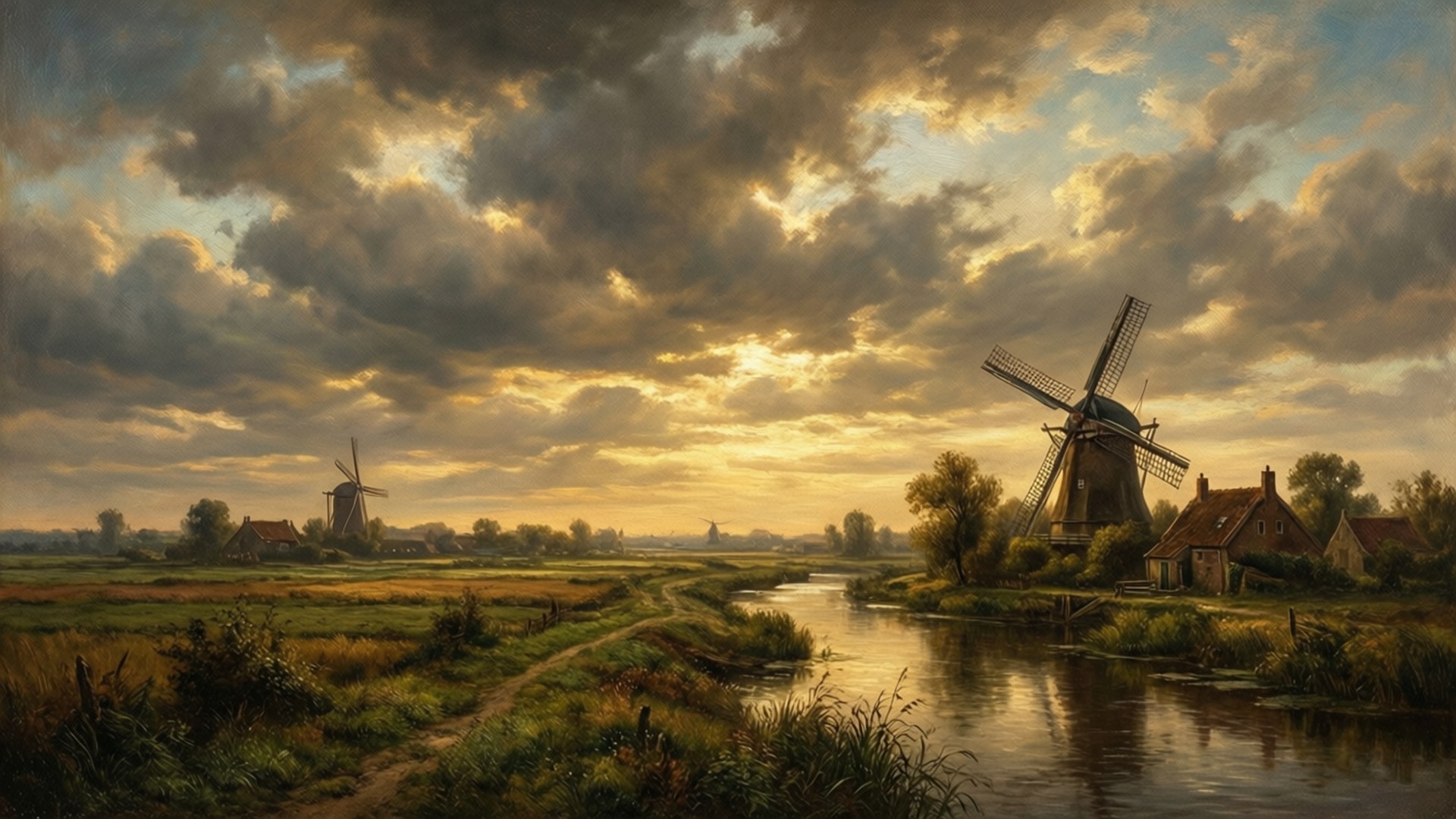 Dutch Countryside 壁紙 — 荷蘭鄉村上空戲劇性的日落，風車、河流和茅草屋頂在暴風雨般的金色雲層下。