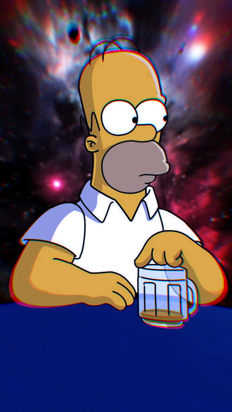  壁紙 — 荷馬·辛普森手持啤酒杯，背景是充滿發光星星和旋轉紅、藍、紫色調的鮮豔宇宙星雲。