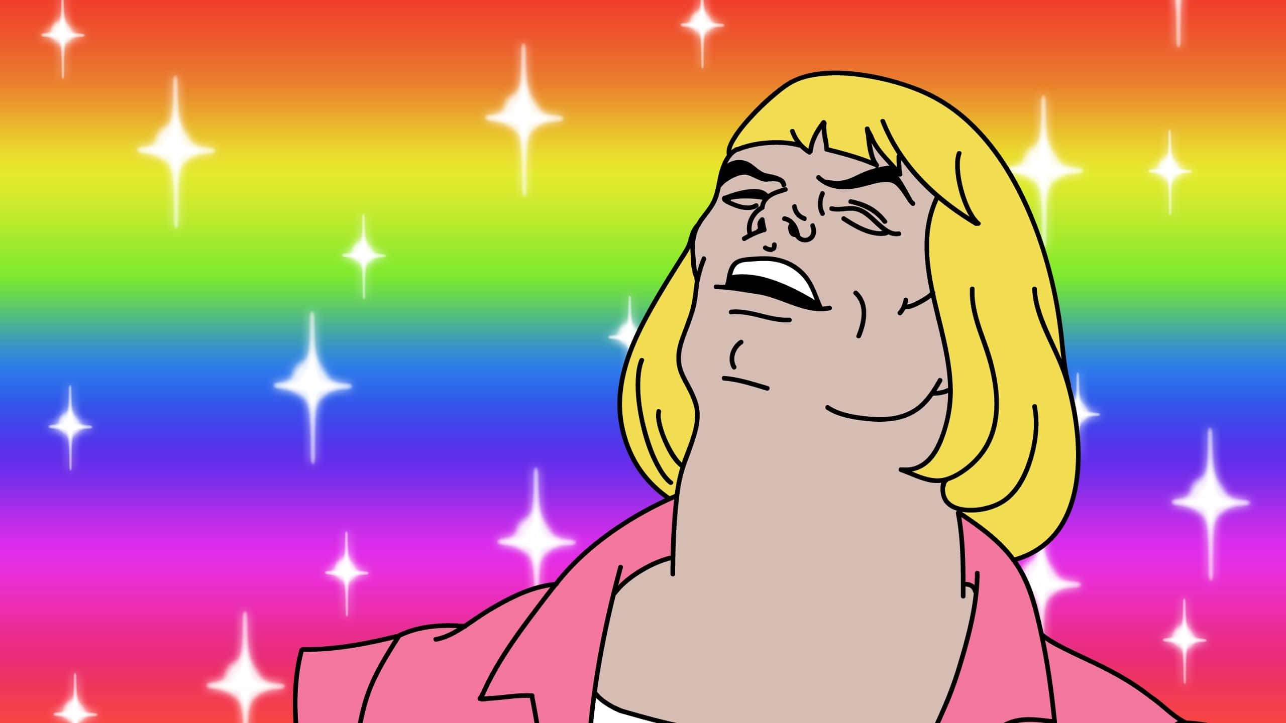 He-Man 彩虹 dank meme 圖片 壁紙 — 一個金髮、穿著粉紅色襯衫的卡通角色在充滿活力的彩虹星星背景前尖叫。