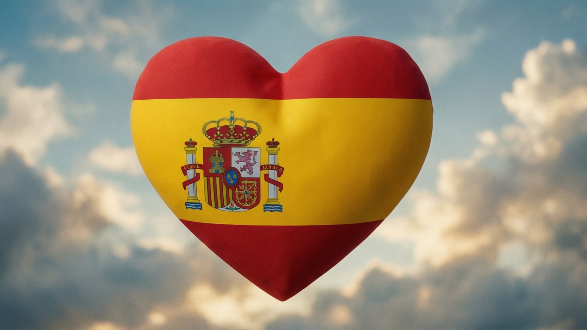 Heart Shape Flag 壁紙 — 一個心形氣球帶有西班牙國旗圖案，在柔和雲朵和藍天背景下靜靜漂浮。