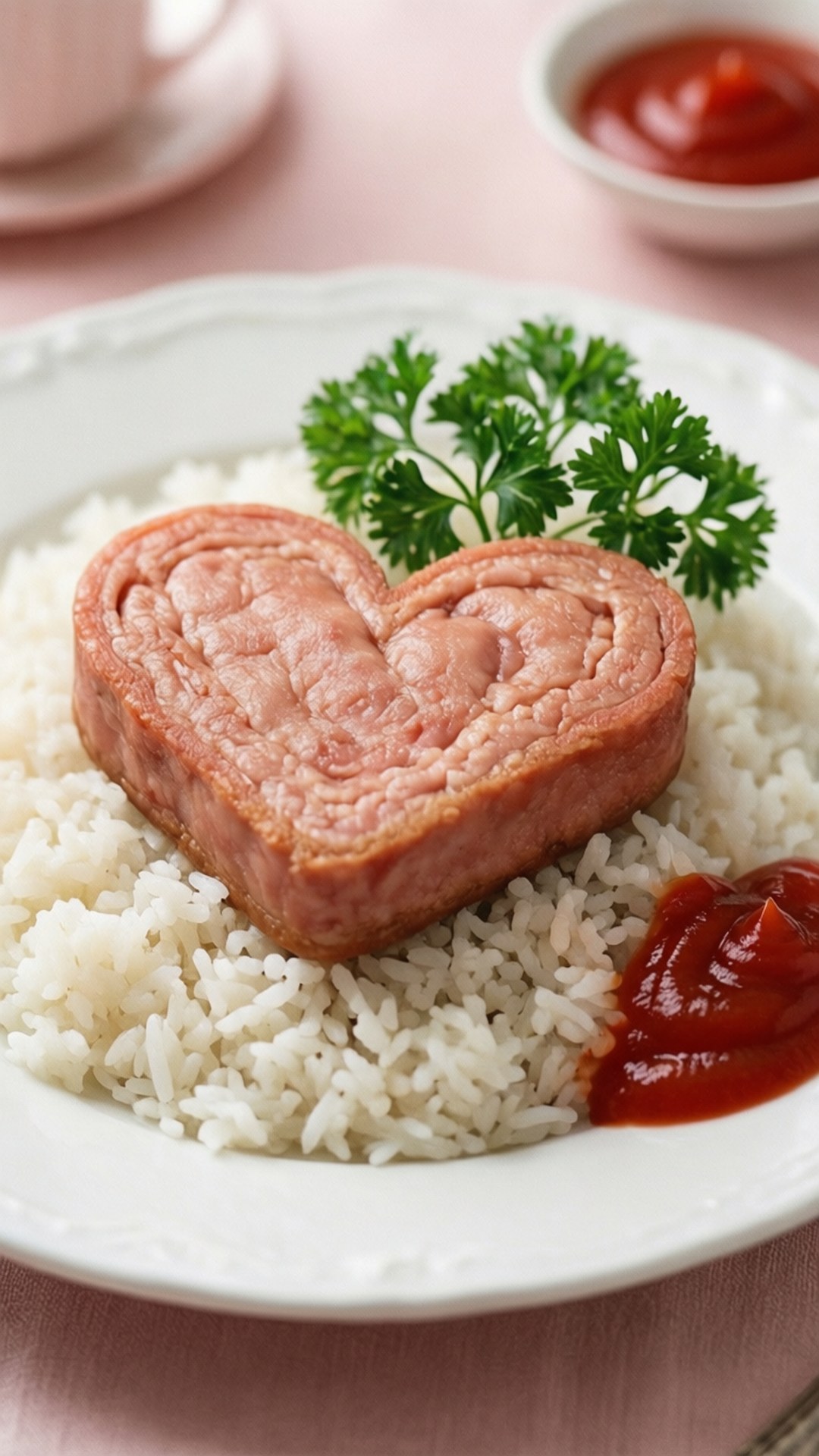 Spam 桌布 壁紙 — 心形肉餅放在白飯上，以歐芹和番茄醬裝飾，盛於白碟中。