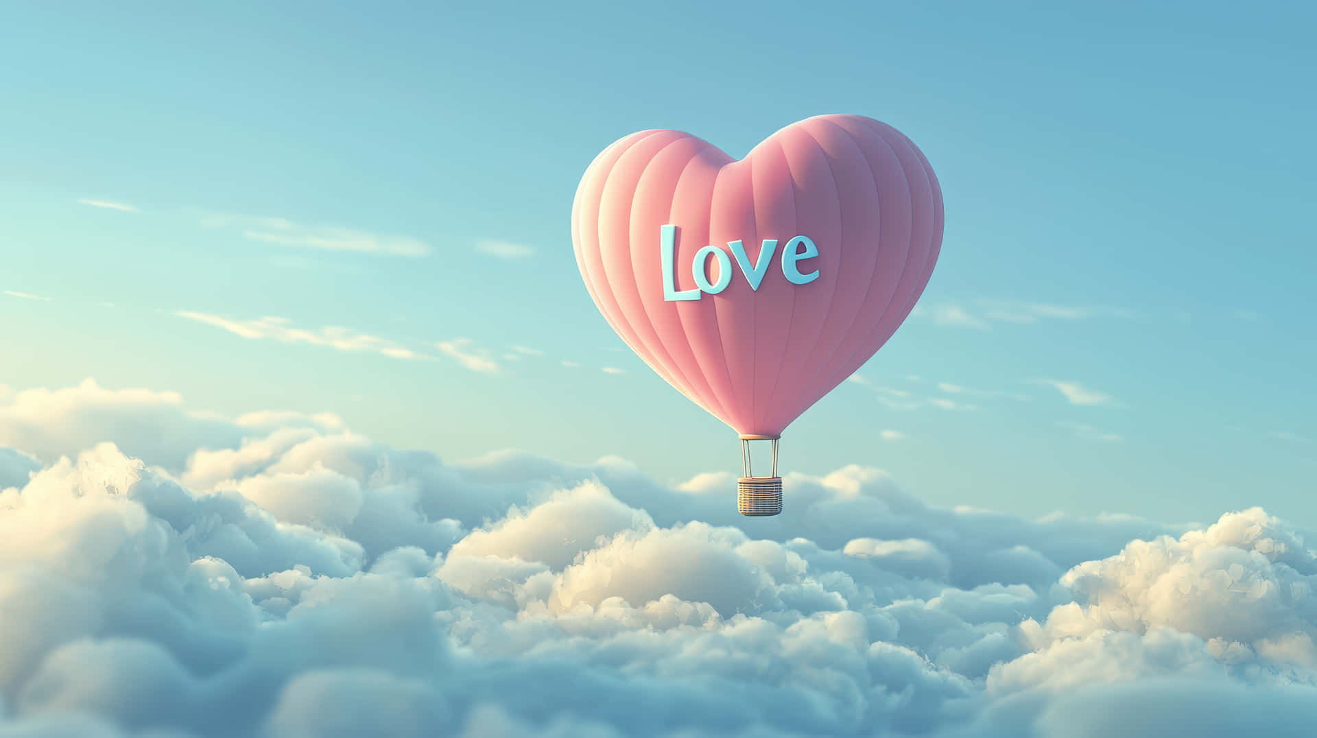 粉紅色心形氣球帶有love字樣，漂浮在藍天白雲之上