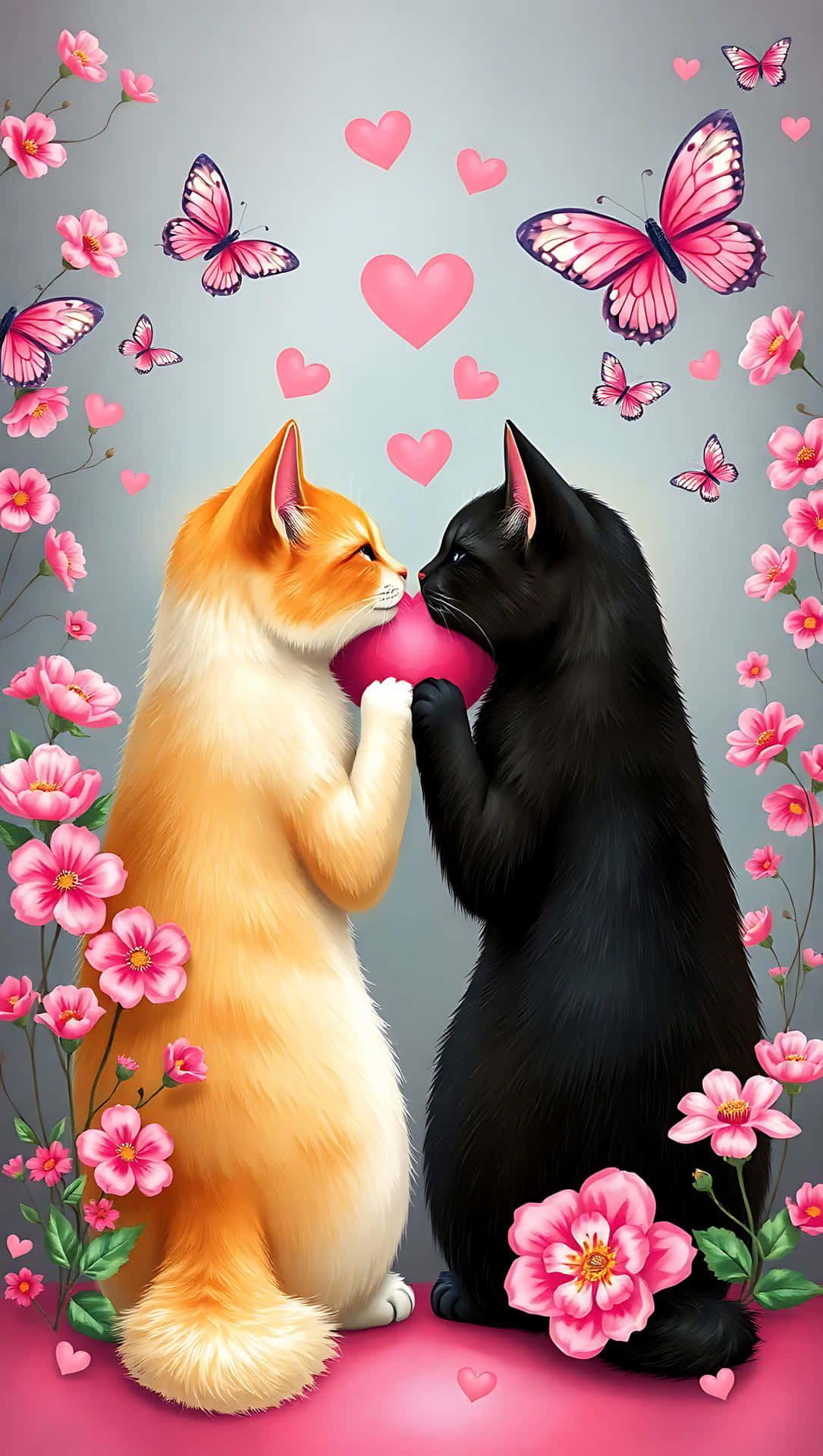 Heartfelt Cats in Love. smartphone wallpaper 壁紙 — 一隻橙色和黑色的貓分享一個粉紅色的心，周圍環繞著粉紅色的花朵、蝴蝶和漂浮的心。