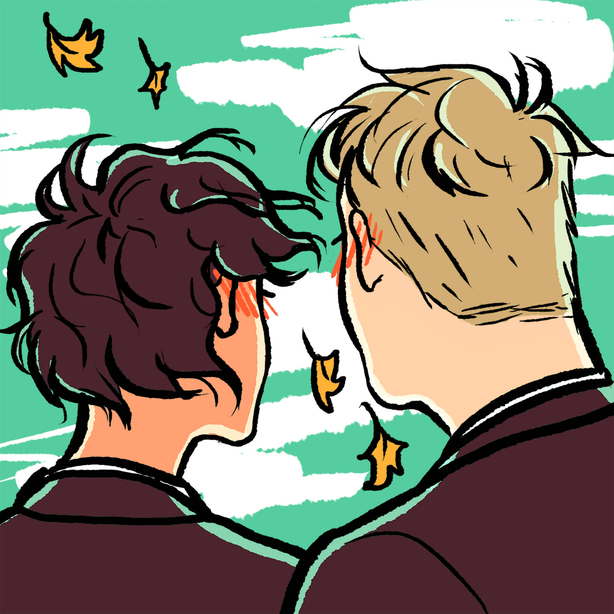 Heartstopper 情侶數位藝術 壁紙 — 兩個深色頭髮和金髮的人背對背站在青綠色的天空下，橙色樹葉飄落。