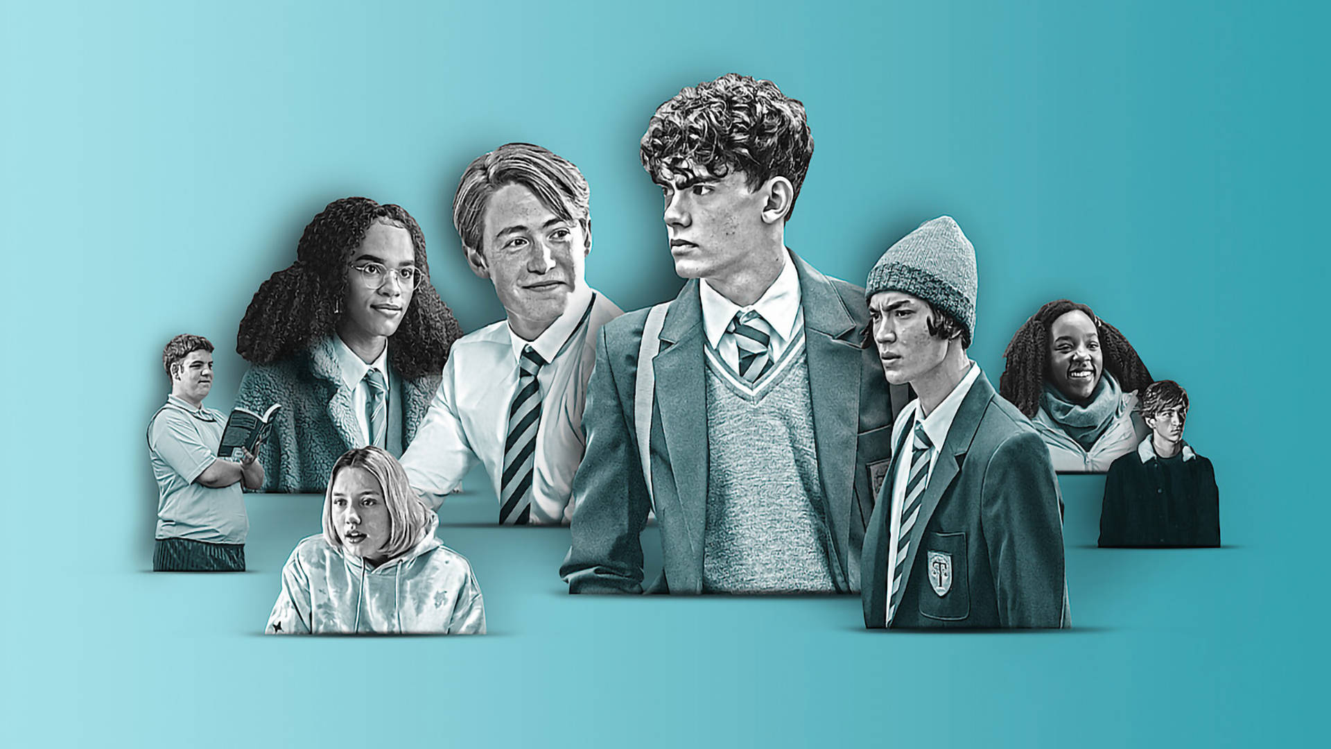 一群不同青少年穿著校服在青色背景上。