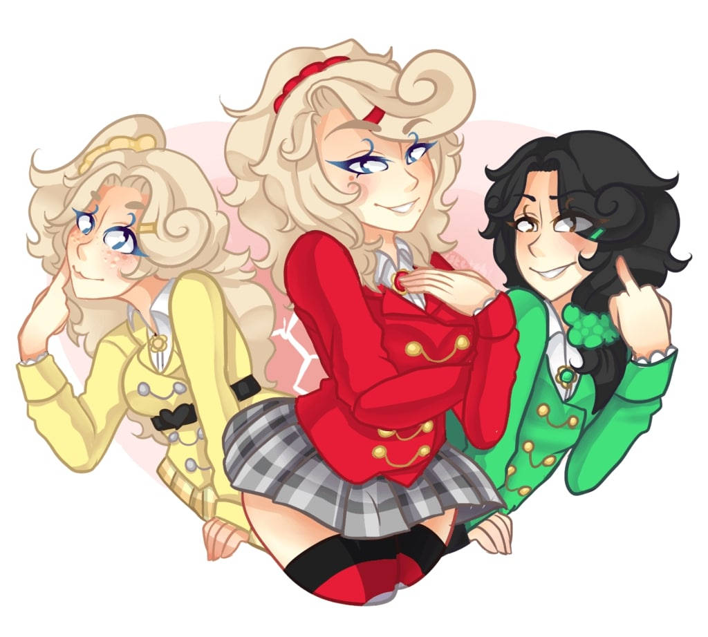 Heathers 粉絲藝術 壁紙 — 三個動漫女孩穿著色彩繽紛的校服，在柔和的粉紅色心形背景前開心地擺姿勢。