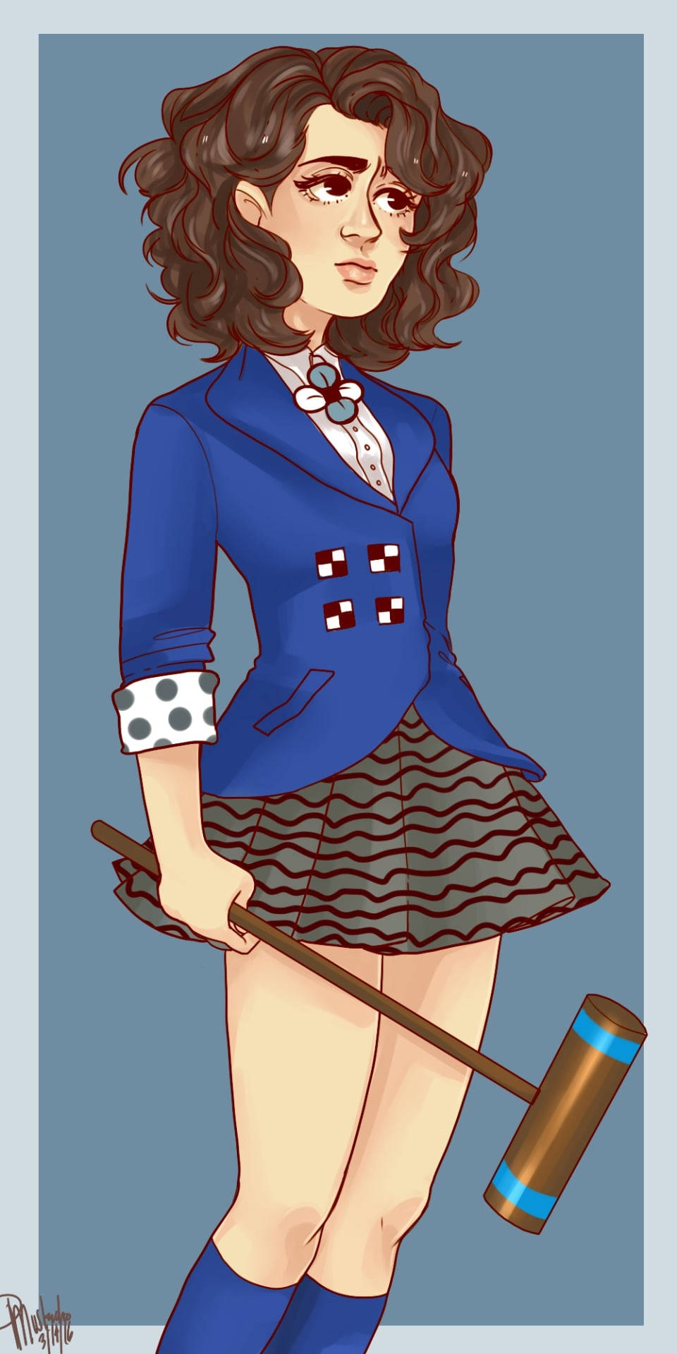 Heathers 維羅妮卡·索耶 壁紙 — 一個風格化的動漫女孩，擁有捲曲的棕色頭髮，穿著藍色西裝外套，在純藍色背景前拿著木槌。