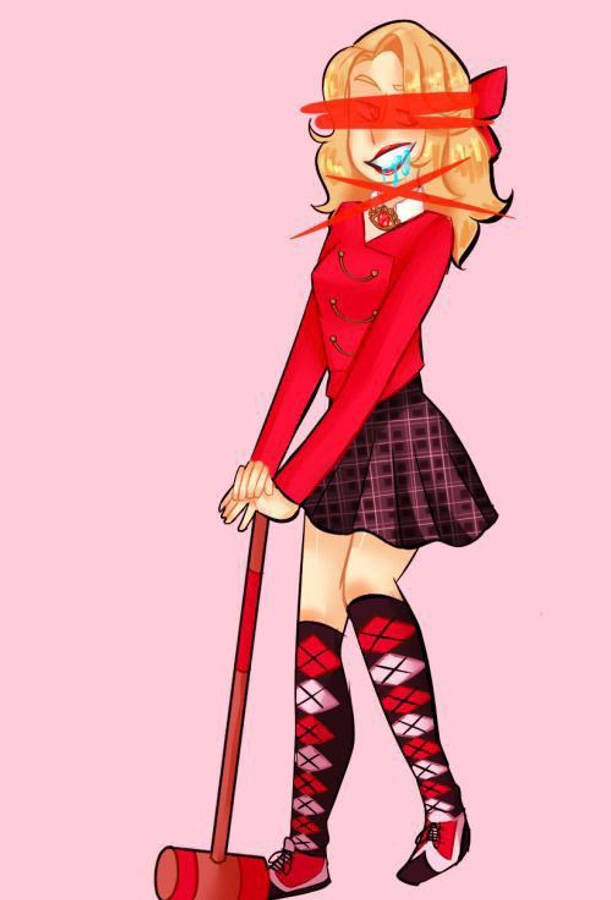 Heathers 錢德勒插畫 壁紙 — 一個蒙眼嘅動漫女仔，著住紅色校服，喊緊，攞住一個紅色槌仔，背景係粉紅色。
