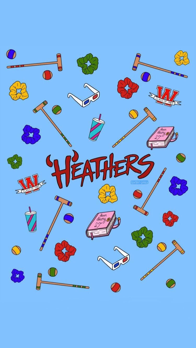《Heathers》電影插畫 壁紙 — 來自電影《希德姐妹幫》的鮮豔卡通風格物品漂浮在純藍色背景上。