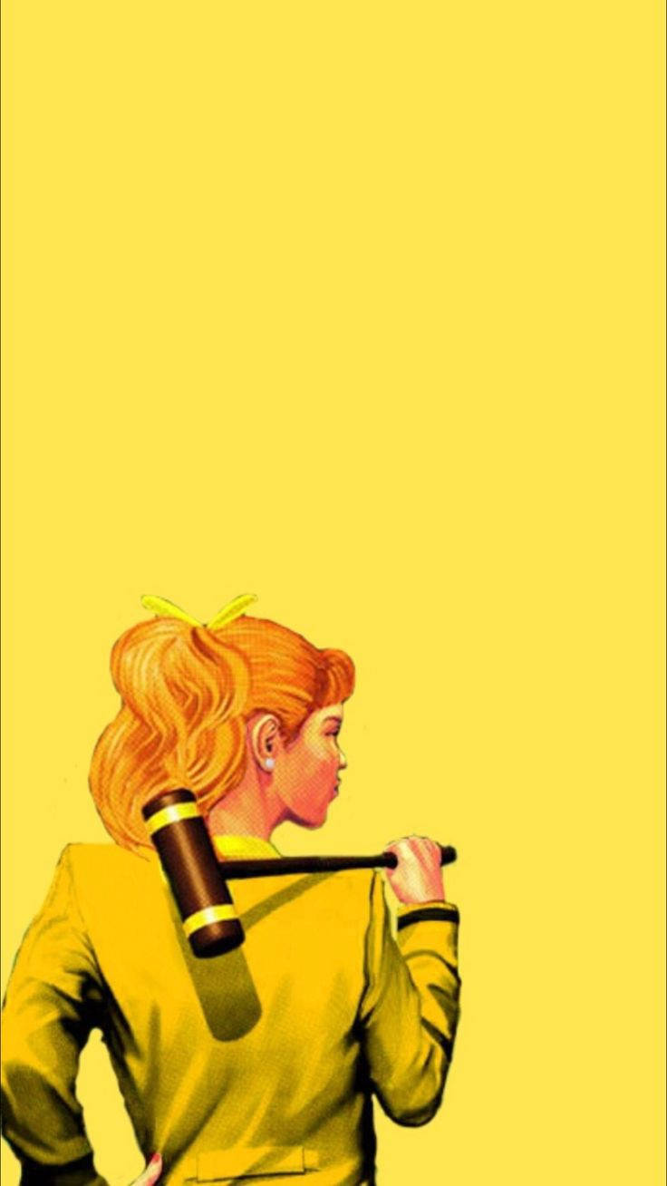 《Heathers》黃衣女孩 壁紙 — 一幅復古風格插圖，描繪一位身穿黃色衣服的女性，在純黃色背景上將木槌扛在肩上。