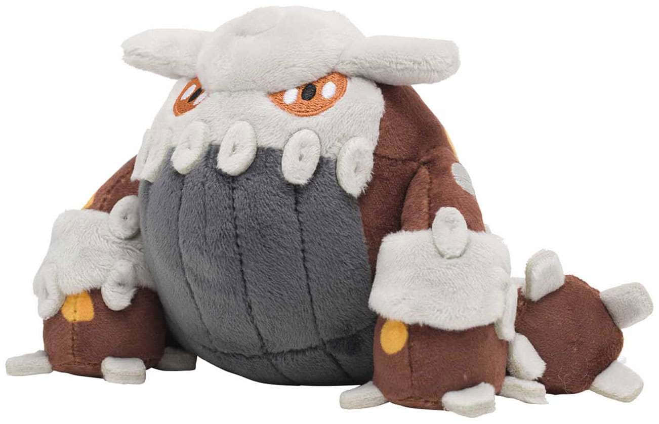 Heatran毛絨玩具（純白背景） 壁紙 — 一個柔軟的 Pokémon Excadrill 毛絨玩具，有棕色和灰色的毛皮、白色爪子和橙色眼睛，直立坐著。