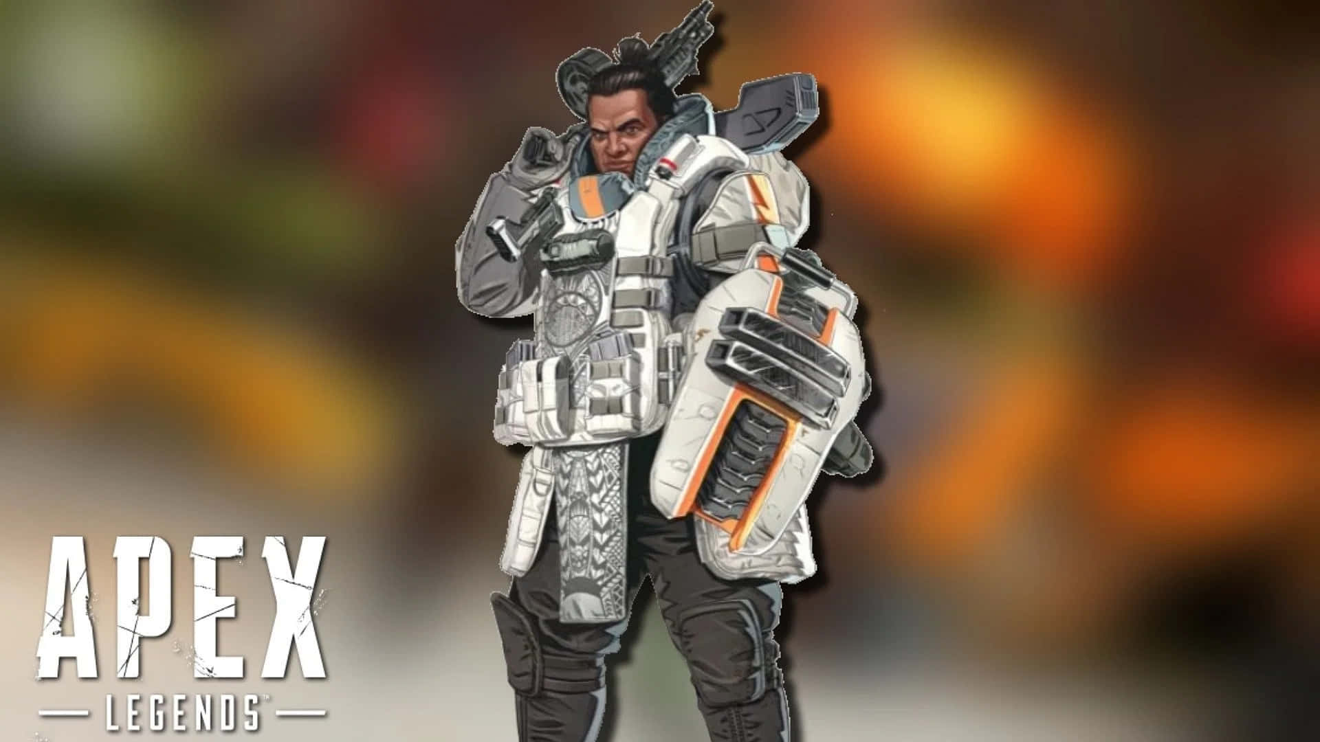  壁紙 — 一個全副武裝的Apex Legends角色身穿戰鬥裝備，站在模糊的火熱背景前。
