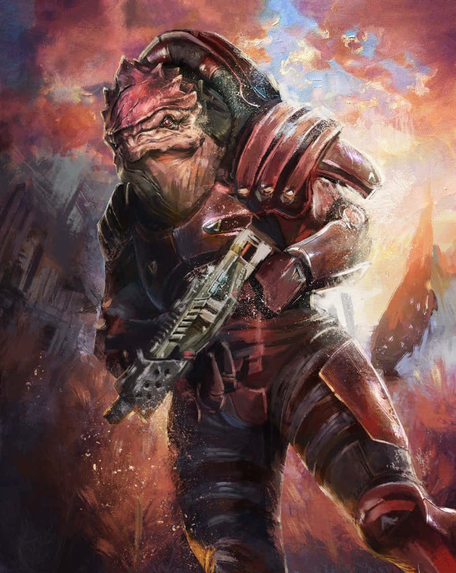Mass Effect Grunt 桌布 壁紙 — 一個身穿重甲、頭戴尖刺頭盔的外星戰士，在熾熱的夕陽天空下緊握著一把未來步槍。