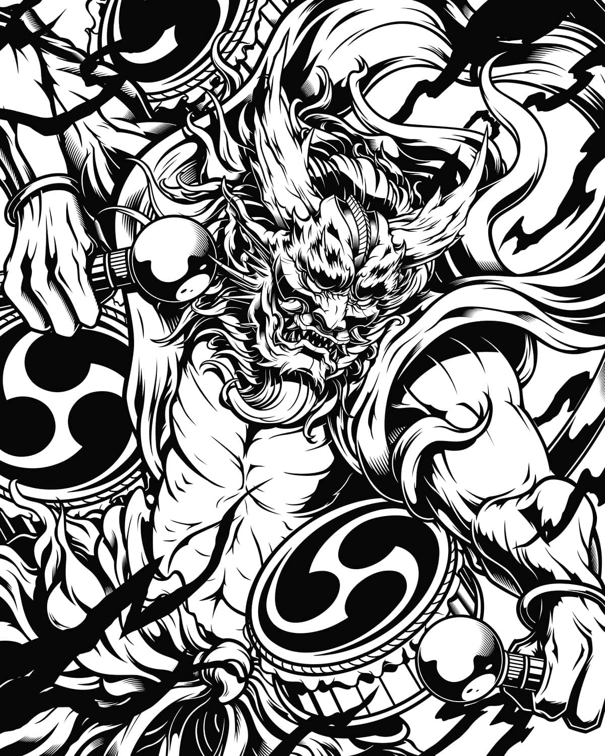  壁紙 — 一個兇猛的黑白動畫惡魔戰士，擁有飄逸的頭髮和肌肉發達的體格，在動態戰鬥姿勢中揮舞著華麗的武器。